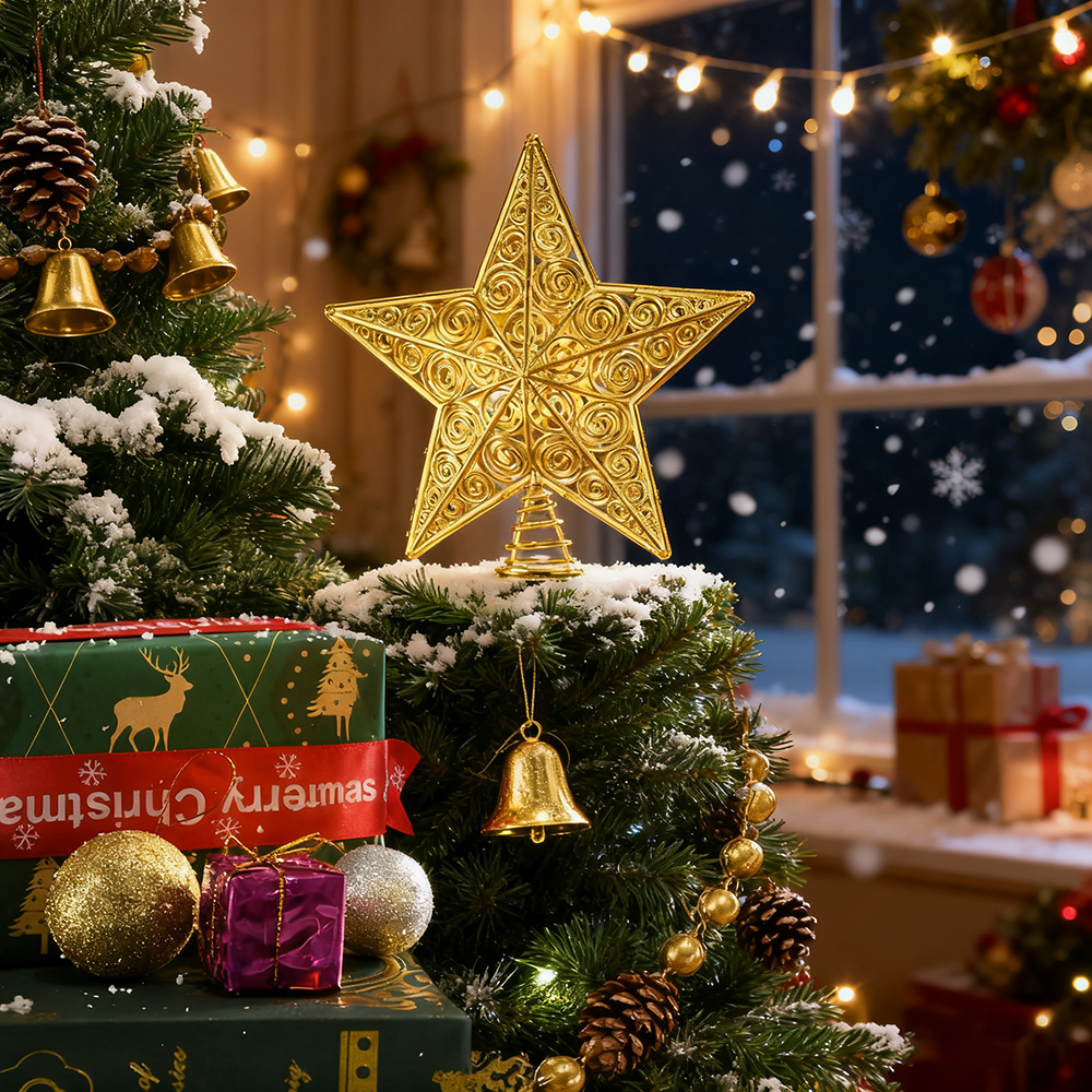 Estrela de árvore de Natal, decoração de Natal, tampo de árvore de Natal, decoração de estrela oca, 20 cm x 22 cm - 7