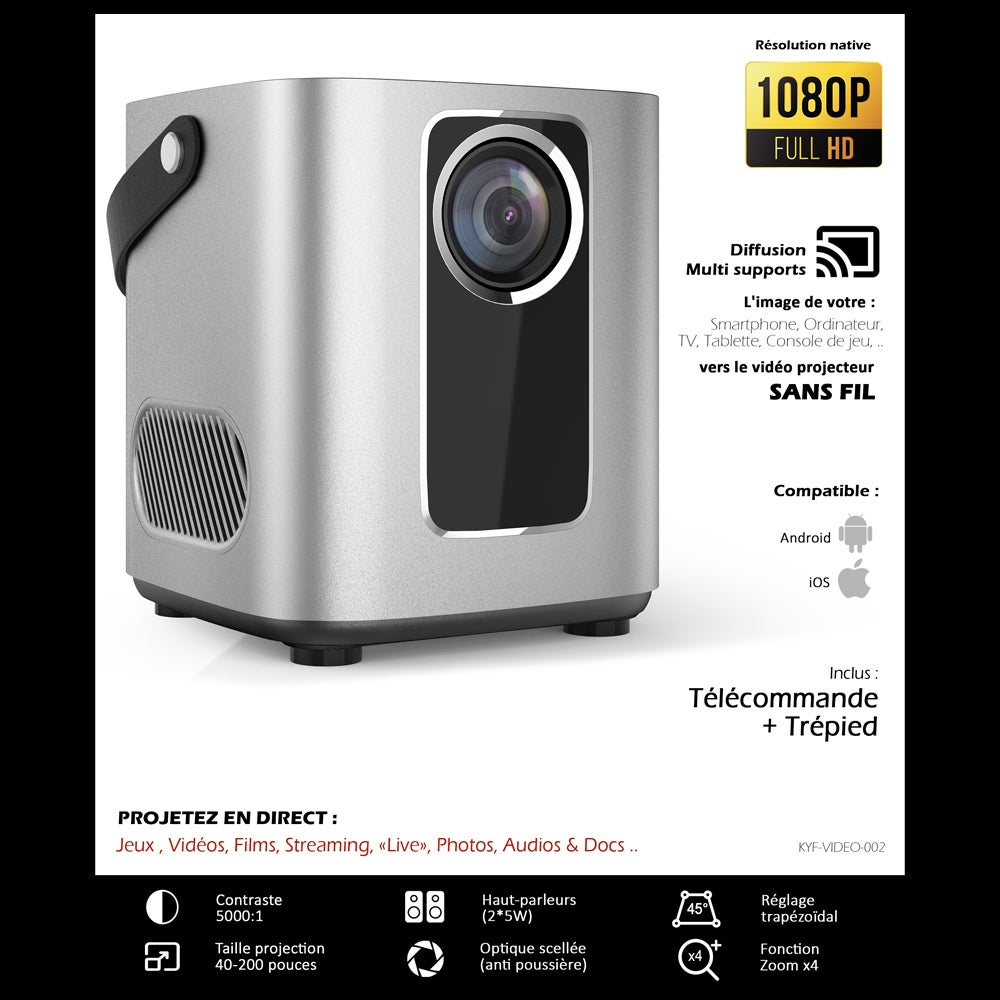 Vidéoprojecteur full HD 1080p Connecté Wifi avec haut-parleurs stéréo intégrés – 6000 Lumens - 7