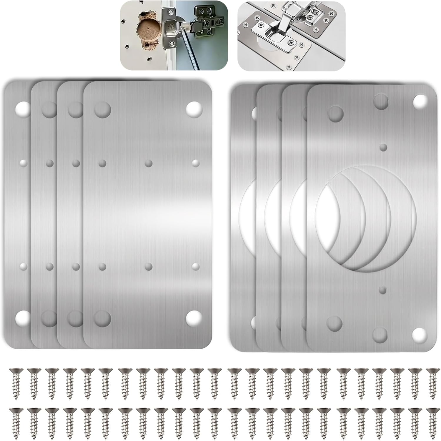 Płytka naprawcza do zawiasów drzwi szafek, 8 sztuk, płaski zestaw wzmacniający do zawiasów kuchennych ze stali nierdzewnej (90*46 mm)