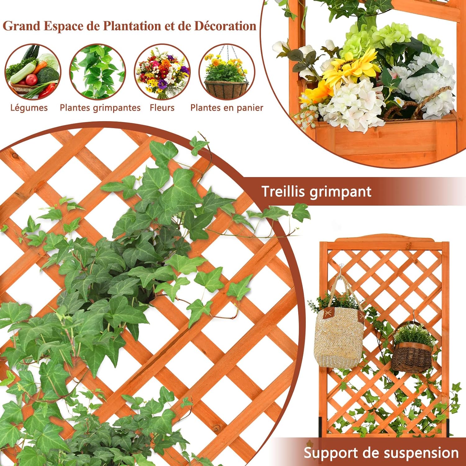Jardinière avec Treillis 180 CM en Bois, avec Trou de Drainage pour Plantes Grimpantes, Fleurs, Jardinière pour Cour, Jardin, Balcon - 4
