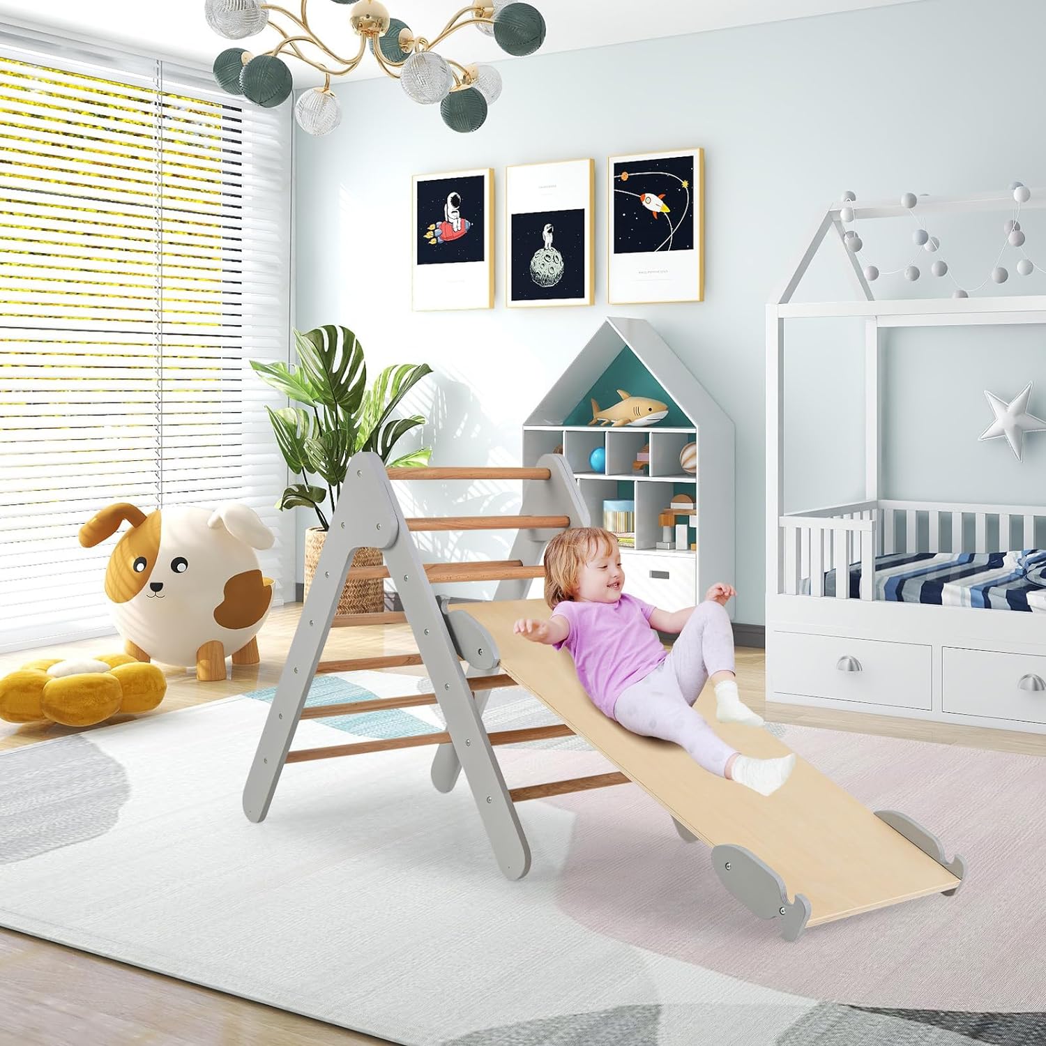 3 in 1 Arrampicata Giocattolo a Triangolo per Bambini, Set di Arrampicata con Rampa di Scivolo a 2 Lati e Inclinazione Regolabile, Arrampicato - 9