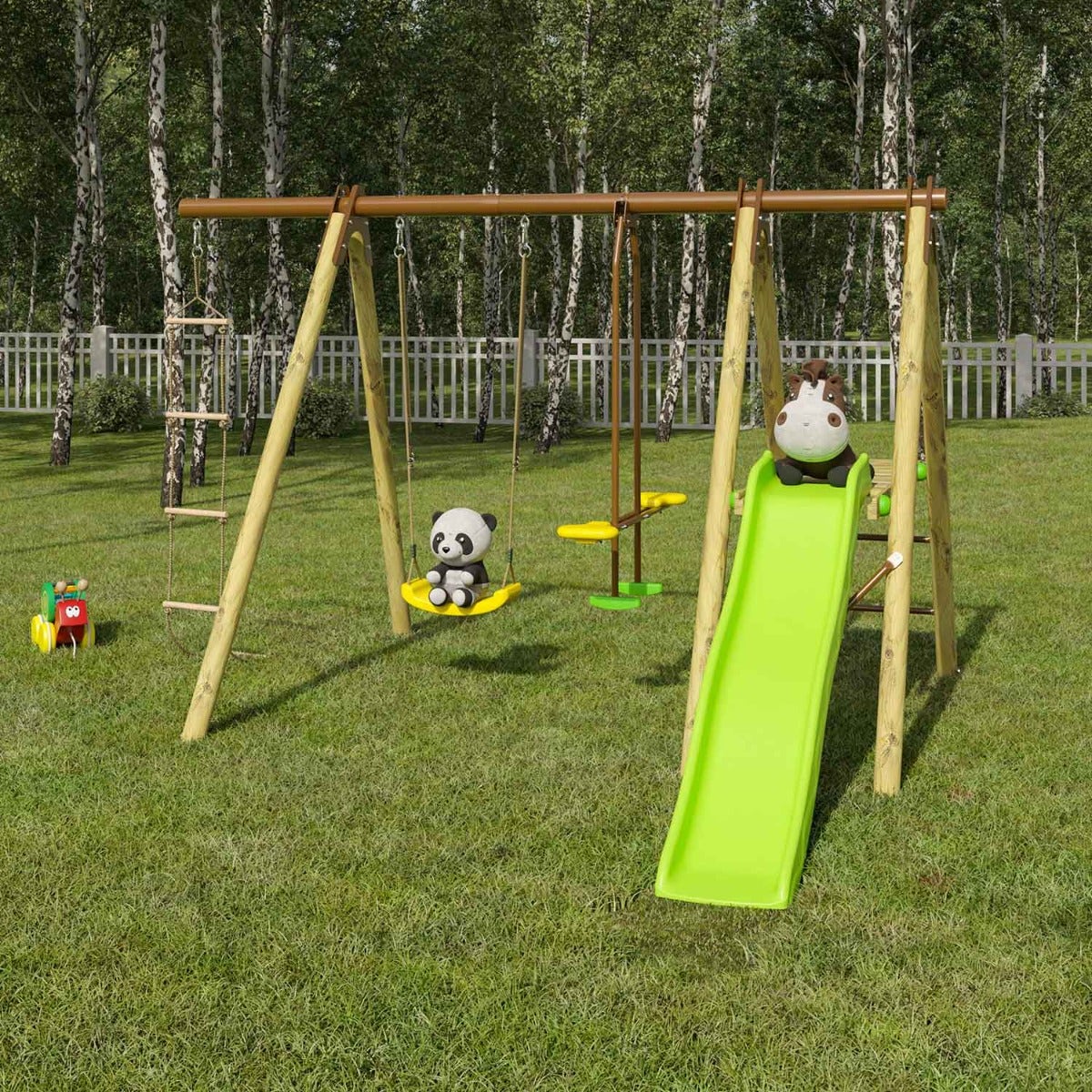 Station de jeux bois poutre métal 1,90 m, 5 enfants, Techwood Premium OREKA - 2