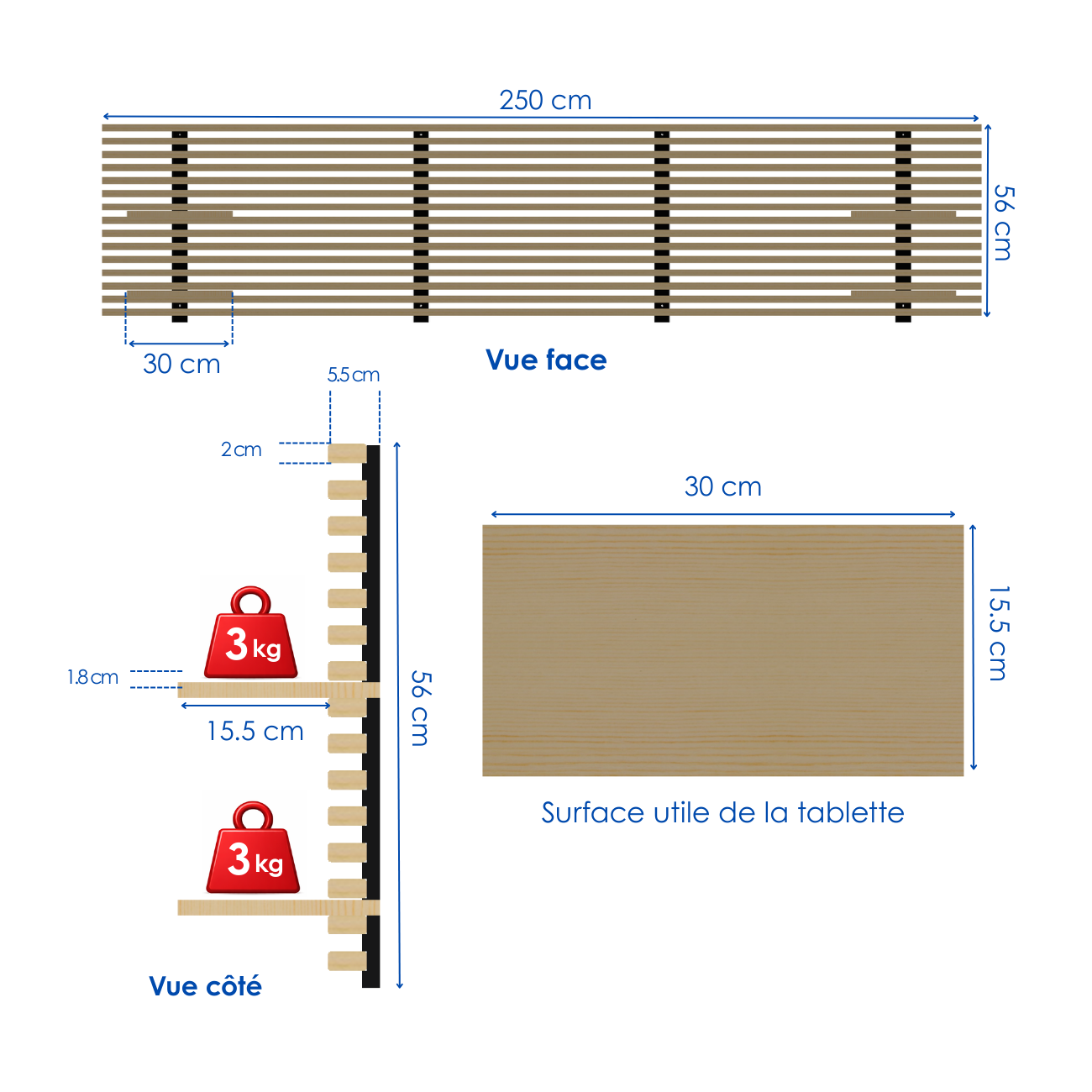 Tête de lit en pin avec étagères, L.250 x H.56 cm x P.21 cm - 7