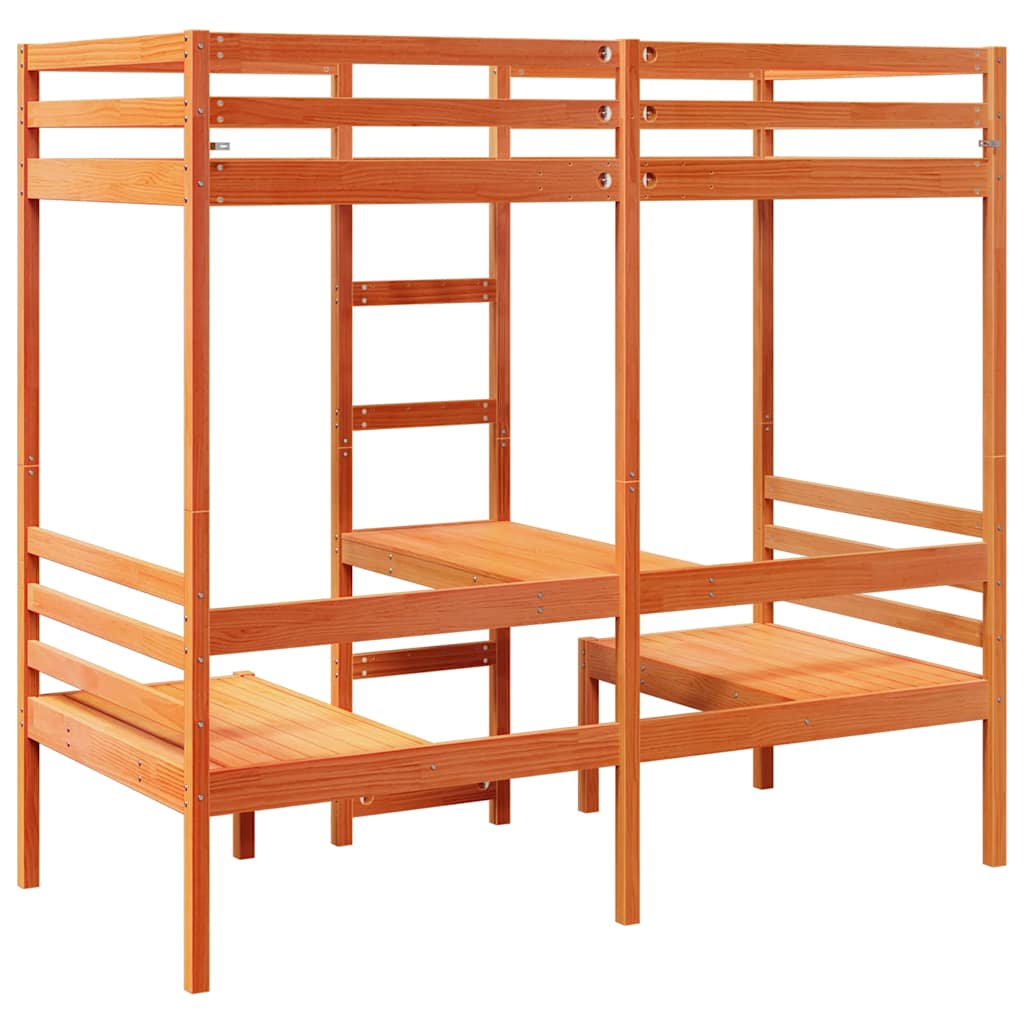 Lit mezzanine avec bureau et chaises, pin, brun ciré, pour la chambre, 80 × 200 cm - 7