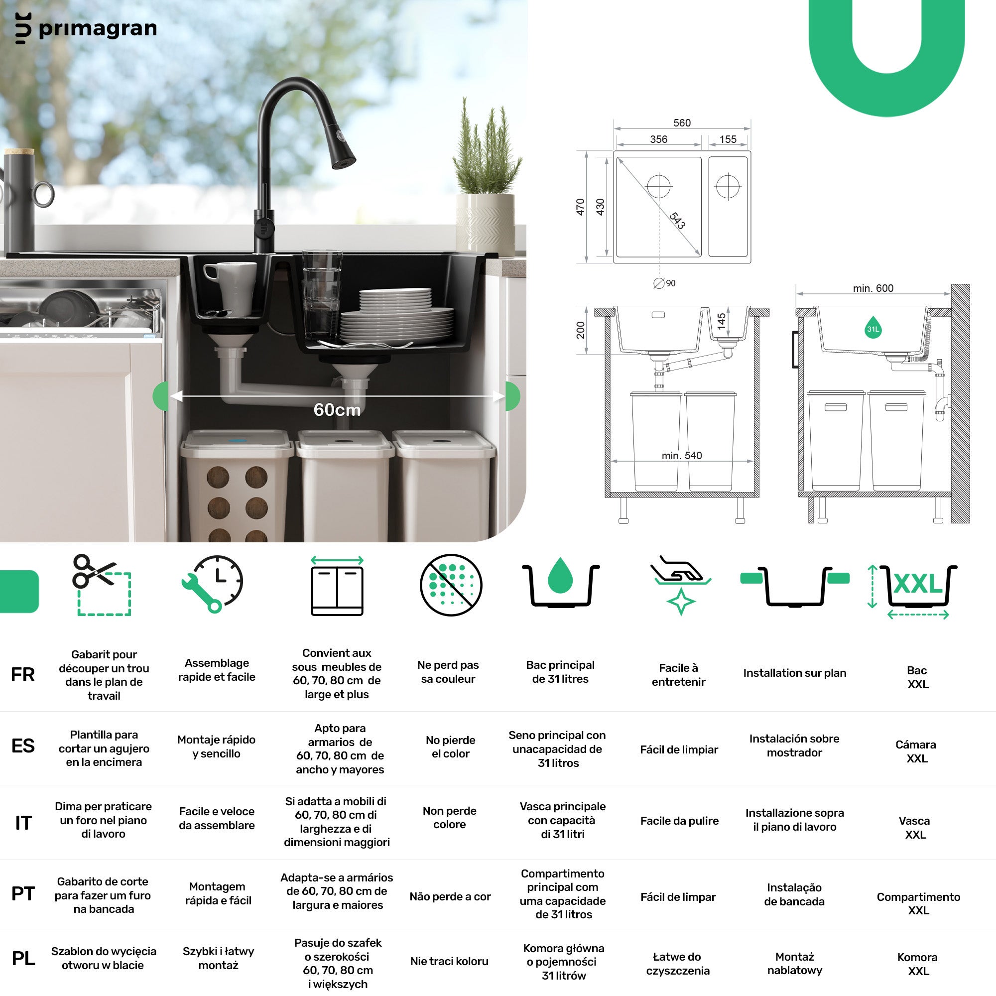 Lavandino da Cucina Bianco 56x47cm, Lavello in Granito a 1,5 vasche + Sifone Classico + Accessori, Lavabo da Cucina Incasso al mobile 60cm PRIMAGRAN - 6