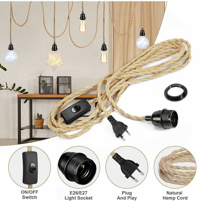 Câble électrique en lin à 2 conducteurs de 4,5 m, avec douille E27 et interrupteur, pour lampe DIY (sans ampoule) - 3