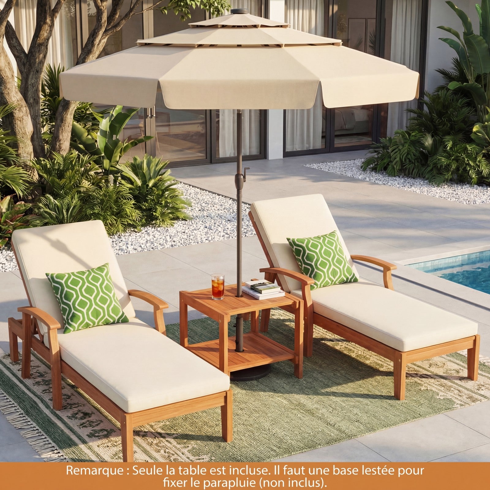 Table Basse Exterieur à 2 Niveaux, Table d’Appoint de Jardin en Bois, avec Trou pour Parasol, Plateau à Lattes, Naturel, 51 x 48 x 45 cm - 8