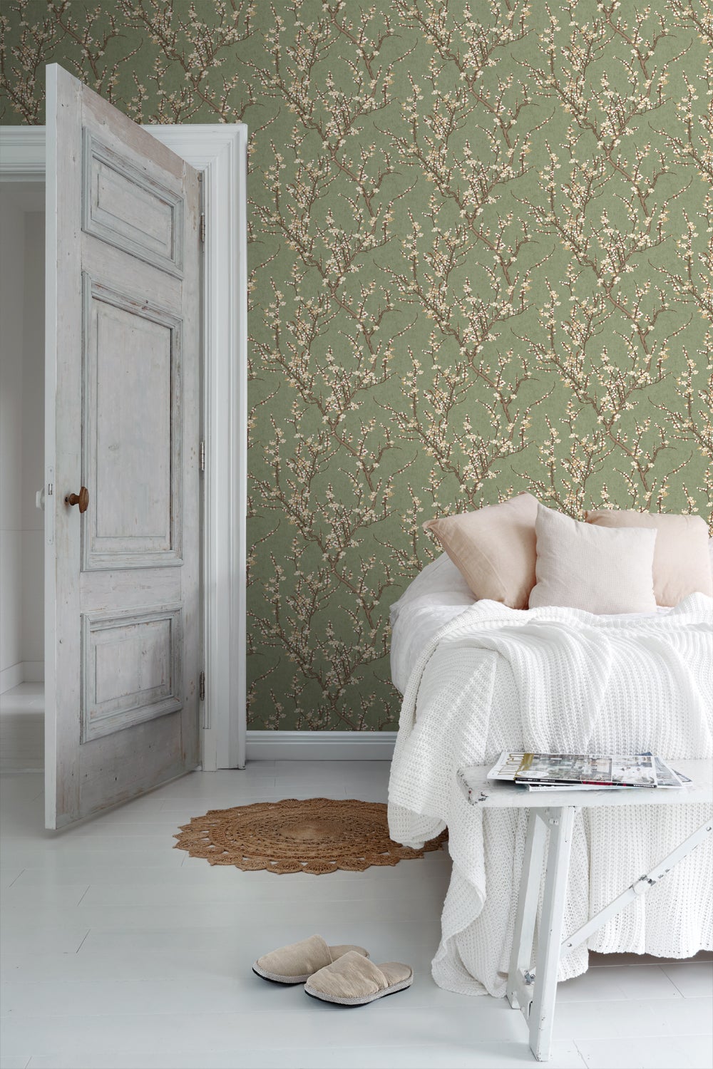 Carta da parati fiori verde oliva grigiastro e bianco - 53 cm x 10 m - Sanders & Sanders - 5