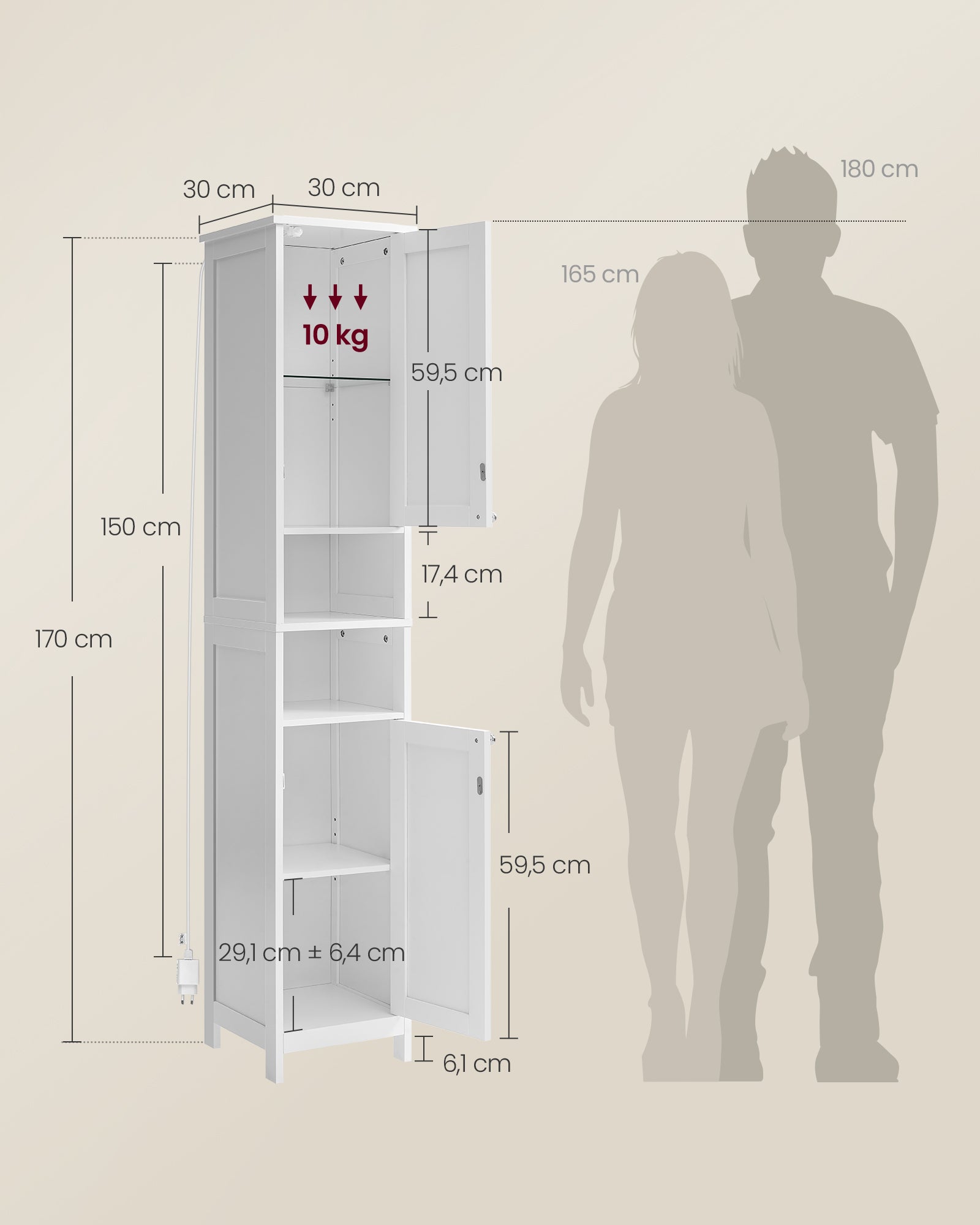 Armoire de Salle de Bain Haute avec Éclairage, avec Étagères Réglables, Compartiments Ouverts, Blanc Nuage - 5
