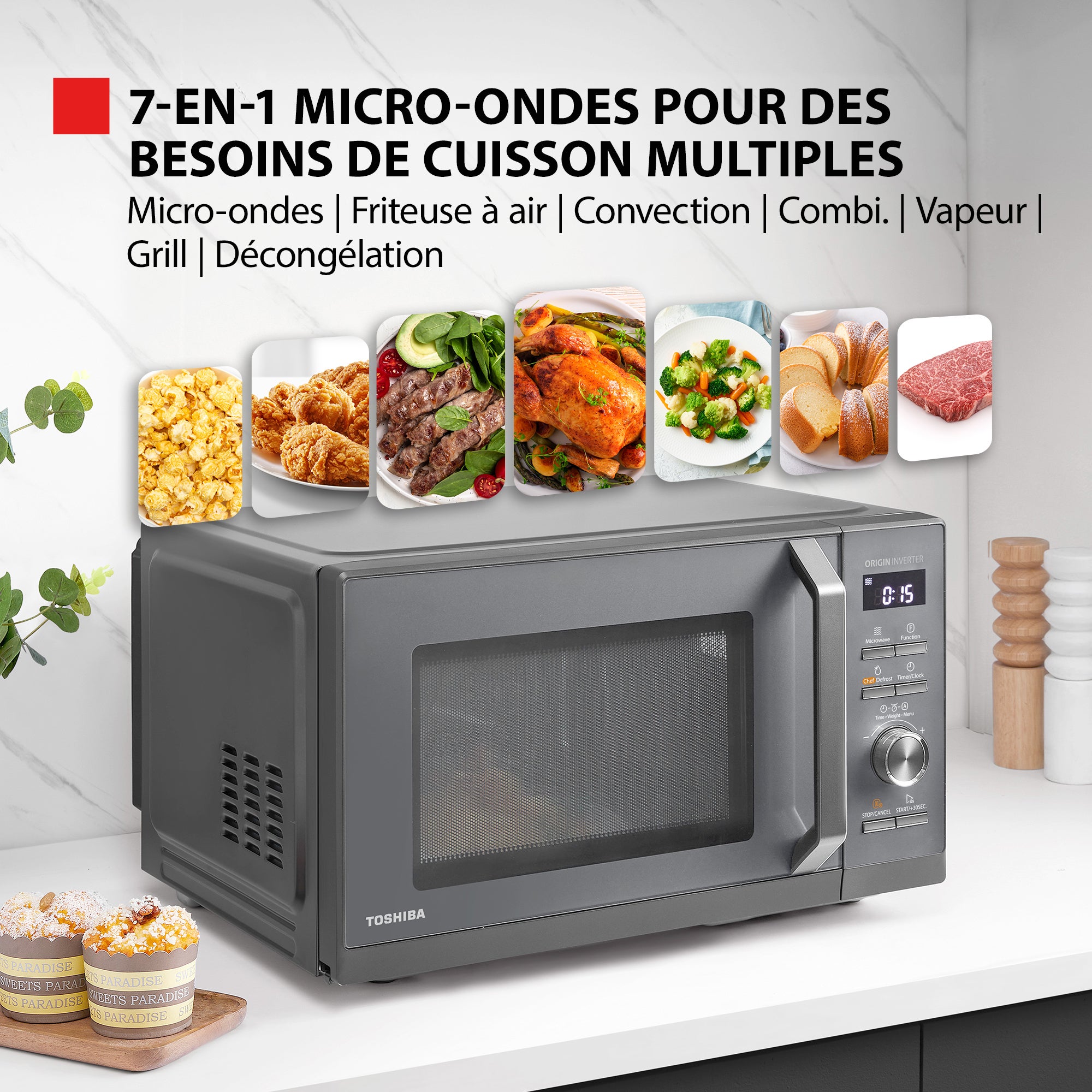 Micro-ondes combiné pose libre TOSHIBA MW3-AC26SFI(MG)-900W+Grill 1000 W+Convection 2100W - Friteuse - 26L - Gris morandi - 7