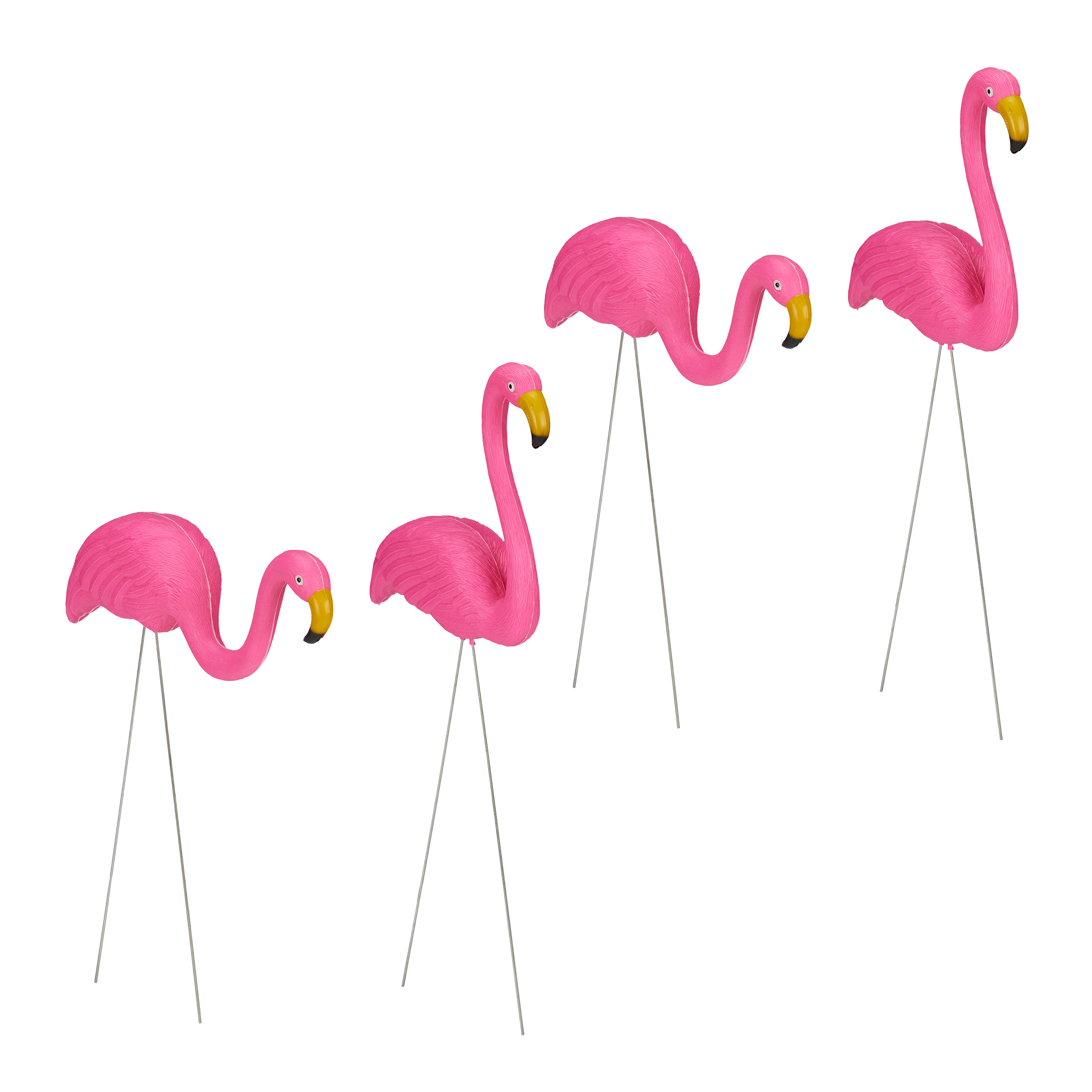 4 flamencos para jardín, mona decoración de exterior, toque tropical, figuras plástico estanque, metal, 2 tamaños, rosa