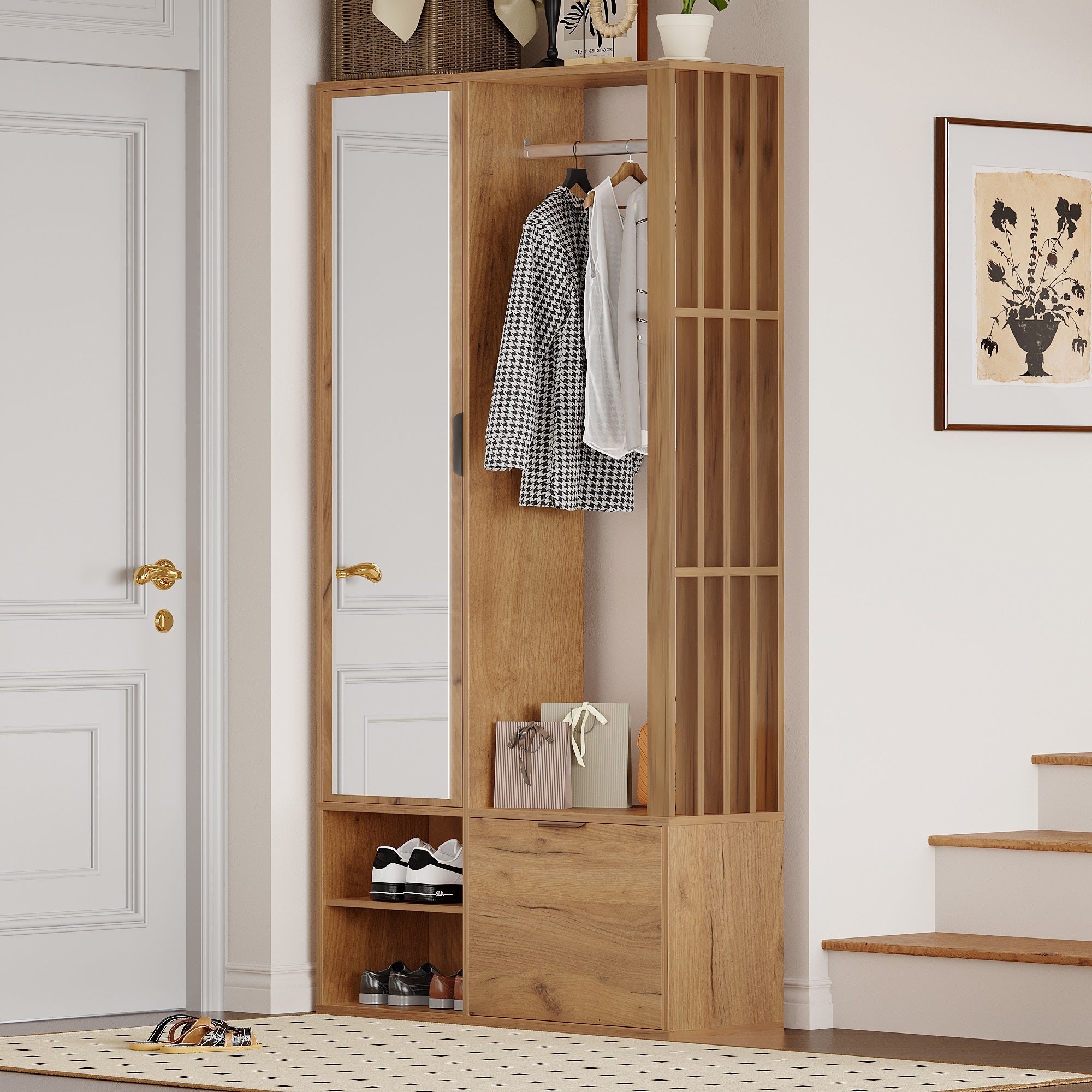 Meuble d'entrée avec 2 Armoires 9 Compartiments Miroir et Penderie ouverte pour Entrée en Panneau Naturel 100 × 33 × 190 cm - 7