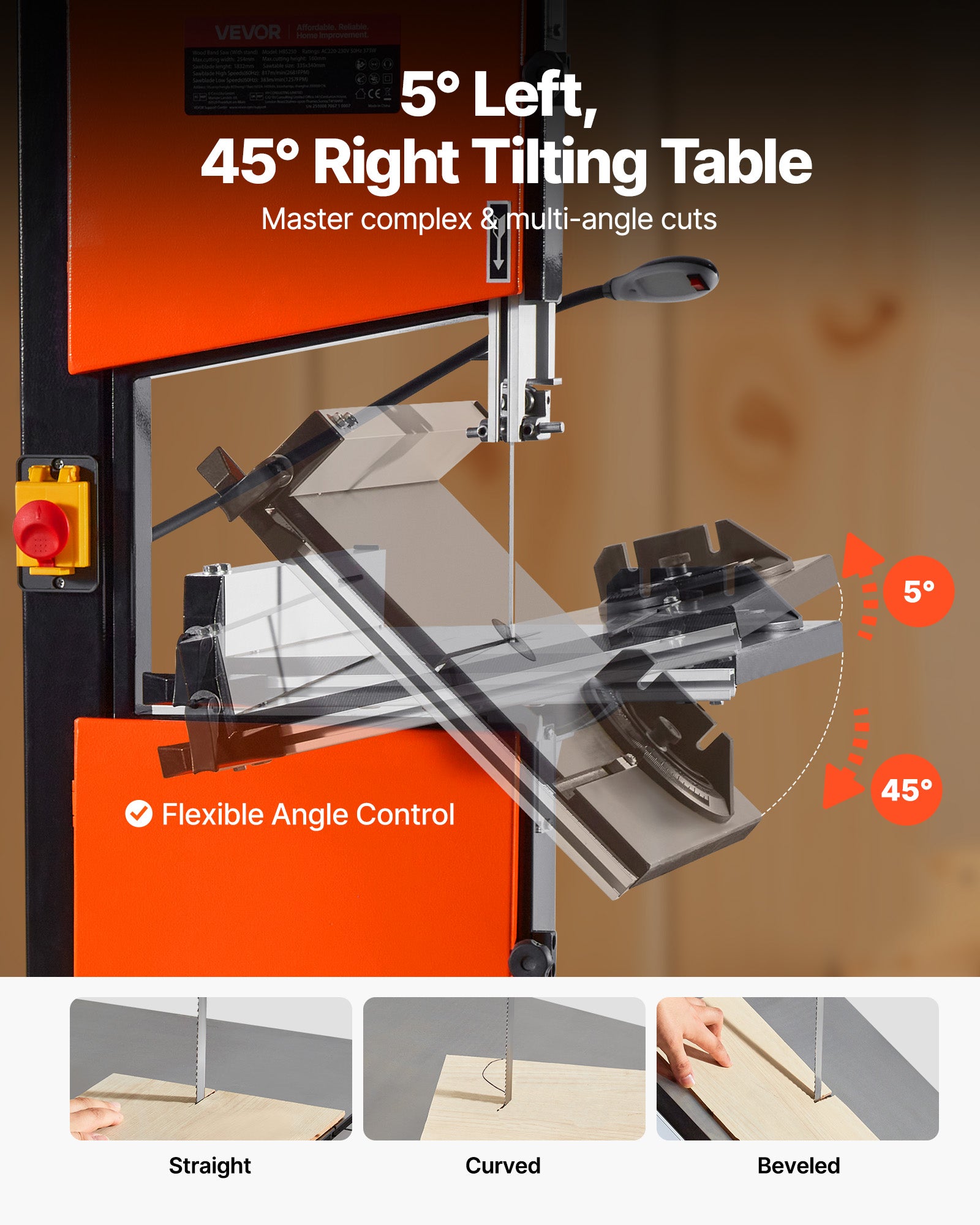 Scie à Ruban VEVOR Table avec Support 373&nbsp;W Largeur Coupe 254 mm Hauteur Coupe 160 mm Table Fonte 335x340 mm 2 Vitesses Éclairage de Travail 360° - 3