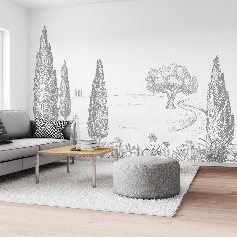 Papier peint panoramique paysage Provence gris lavande et cyprès décor ...