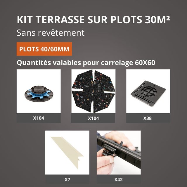 Kit Terrasse sur Plots Sans Revêtement 30M² - Finition Blanc Perle - 40/60 mm - JOUPLAST