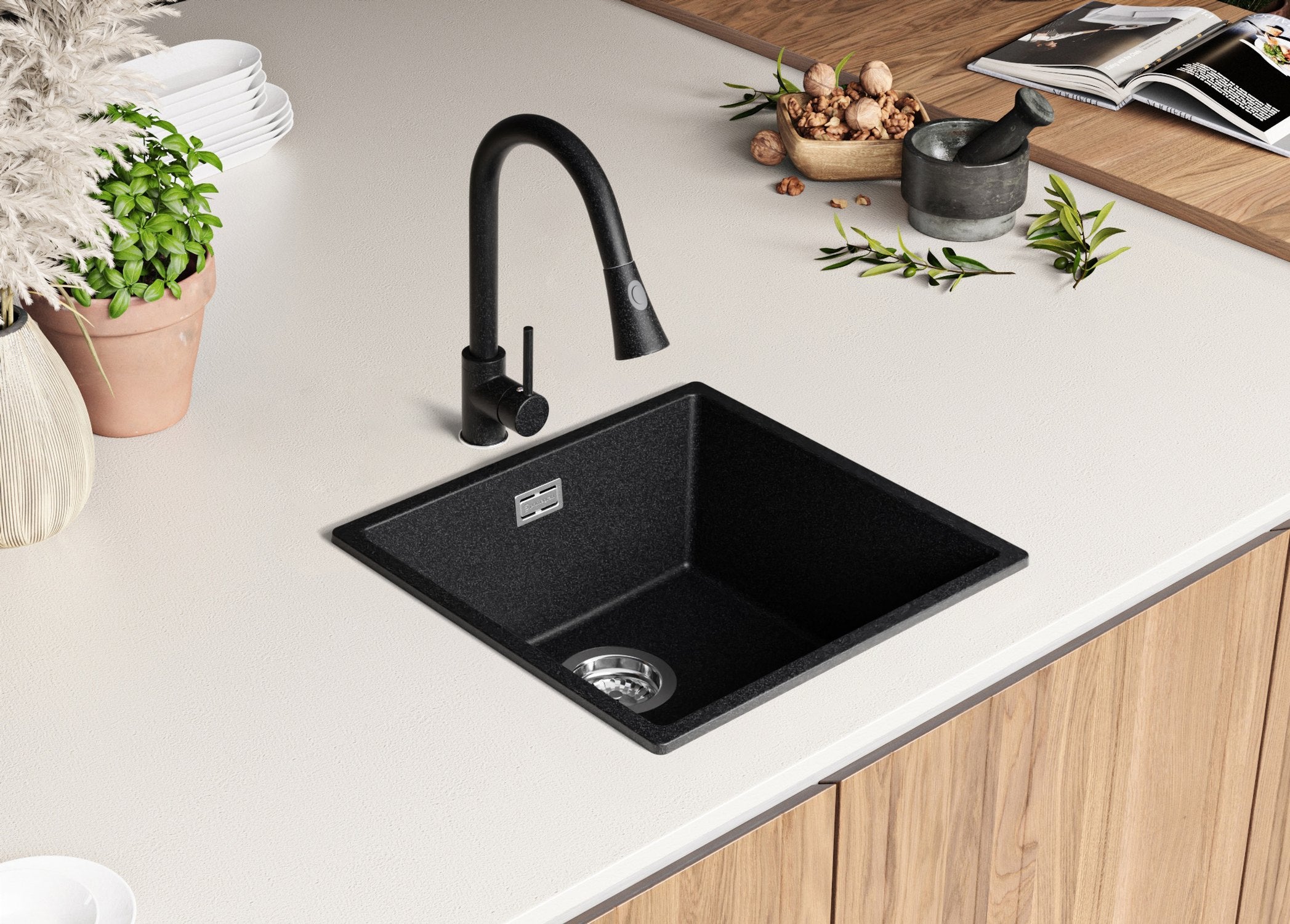 Evier Cuisine en Granit Graphite 46x47cm, Lavabo 1 bac + Kit de Vidage, Évier à Encastrer au meuble 50cm - London Slim PRIMAGRAN - 8