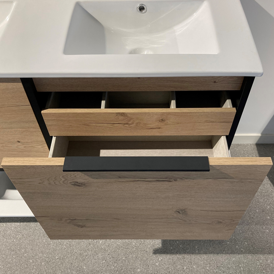 Meuble de salle de bain 80cm simple vasque - 1 façade et 2 tiroirs - ALBA - noir/roble - 4