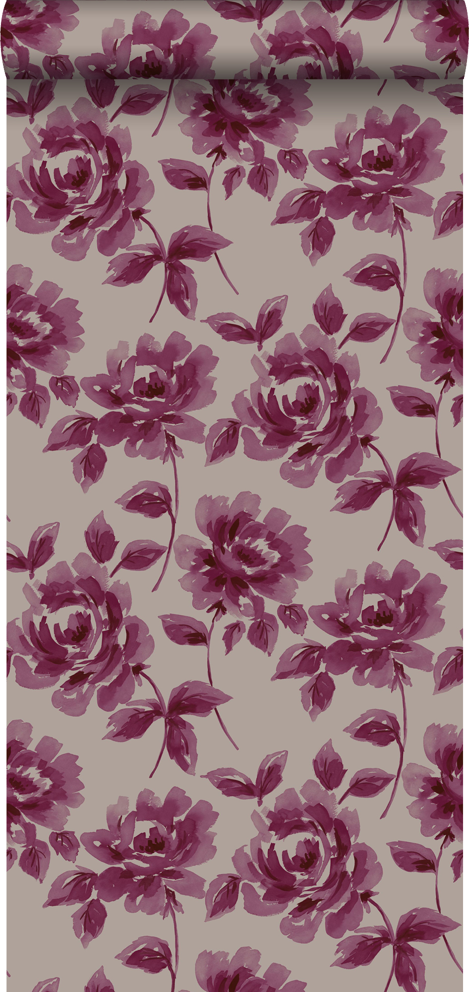 Papel pintado rosas pintadas a la acuarela morado berenjena y gris pardo - 53 cm x 10,05 m - estahome