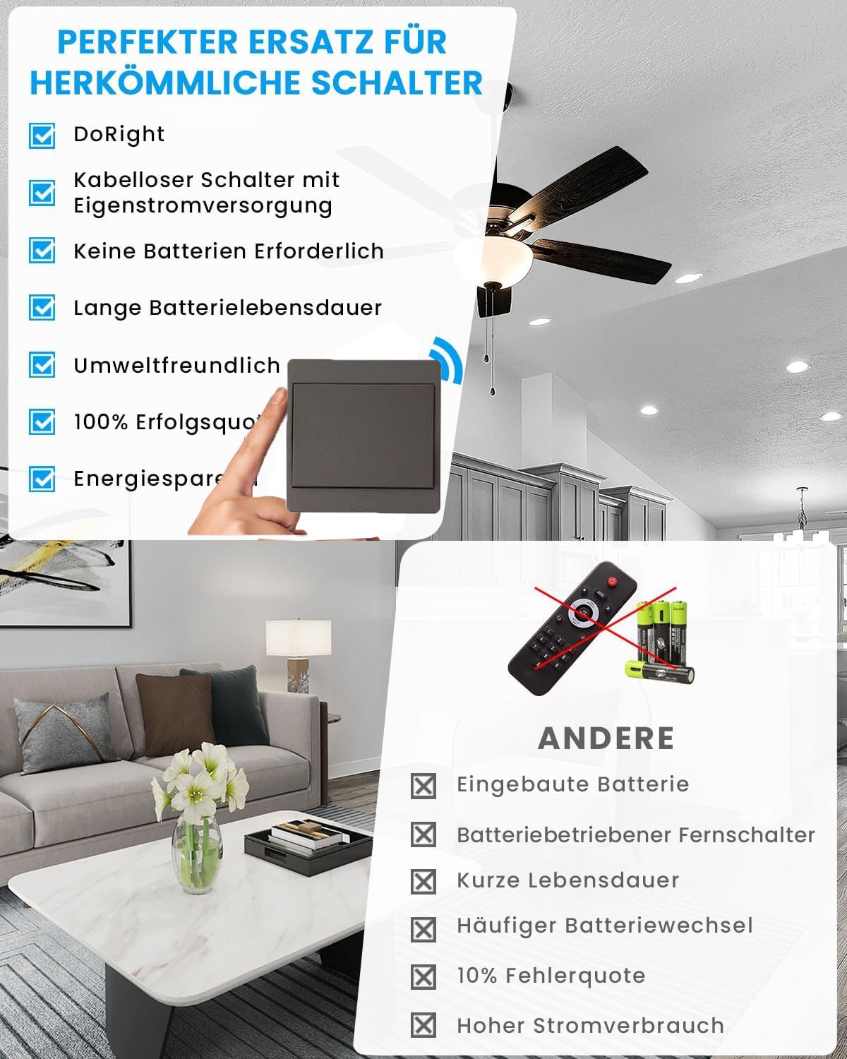 Kit di 3 interruttori a pulsante remoti RF433, interruttore luce interno wireless, impermeabile, senza cablaggio, portata 50 m (grigio) - 6