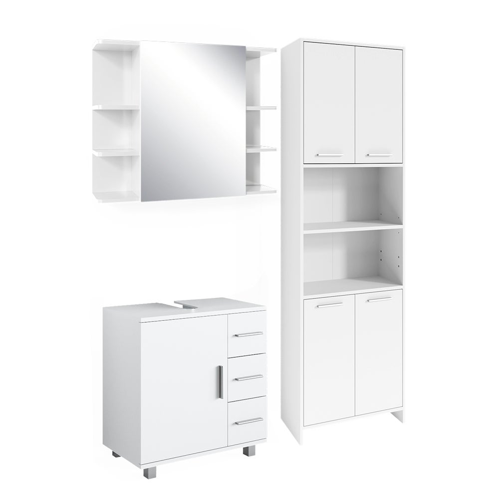 Vicco Zestaw mebli łazienkowych Maris, Biały, 3 części, z wysoką szafką, szafką z lustrem i szafką pod umywalkę