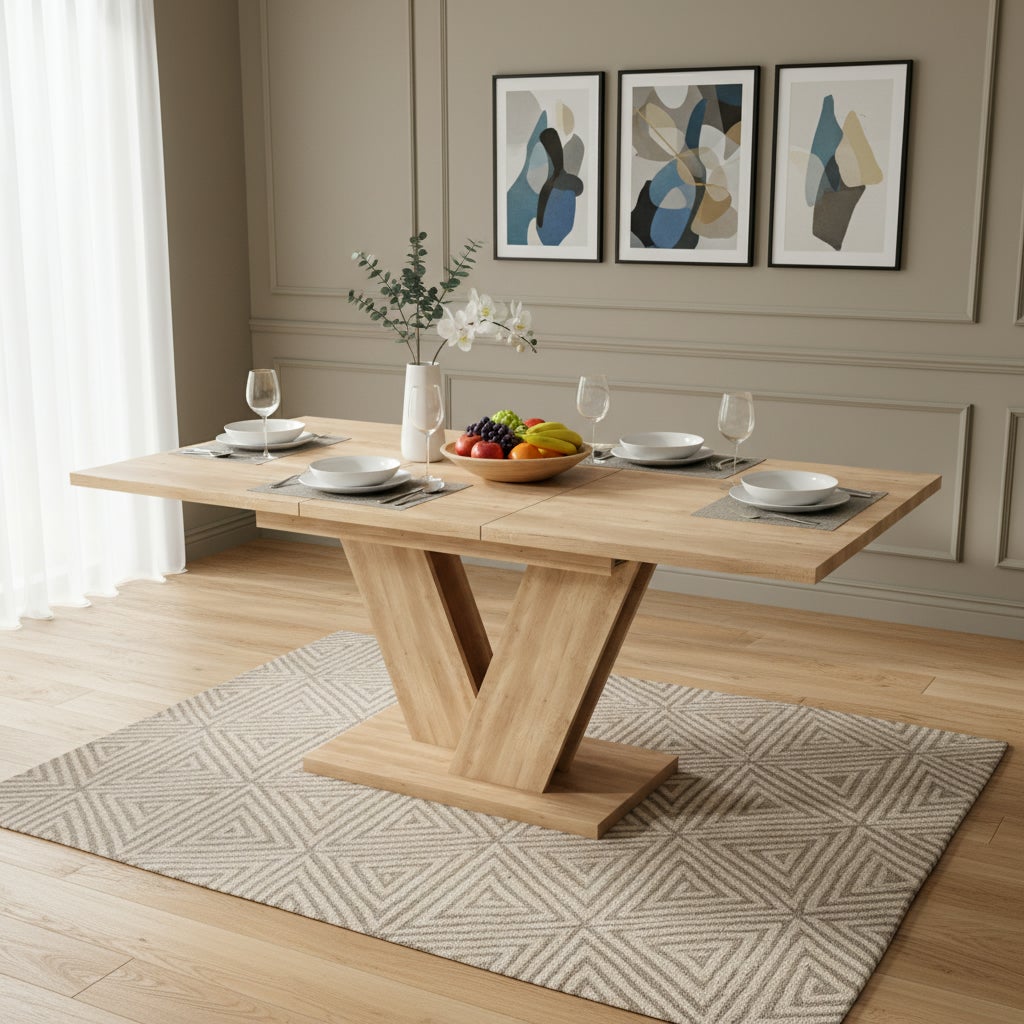 Table à manger extensible 140-180x80 cm pour 4-8 personnes -style minimaliste et Pieds Design en V - design fonctionnel pour salle à manger - Chêne - 2