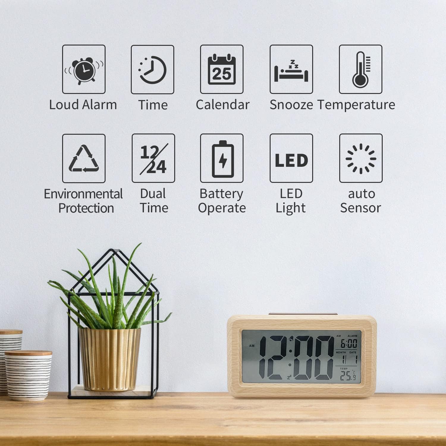 Sveglia Digitale In Legno Con LED: Orologio Da Comodino Con Temperatura, Umidità E 3 Allarmi - 4
