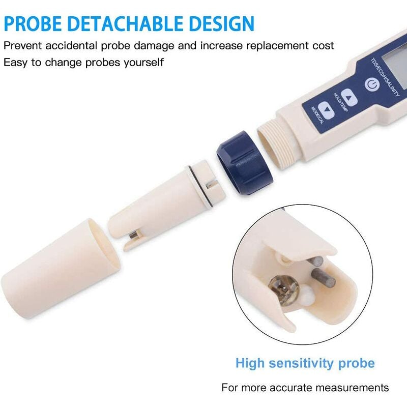 PH-mètre électronique 5 en 1, mesure pH & TDS & EC salinité & température testeur de qualité de l'eau, écran LCD - 5