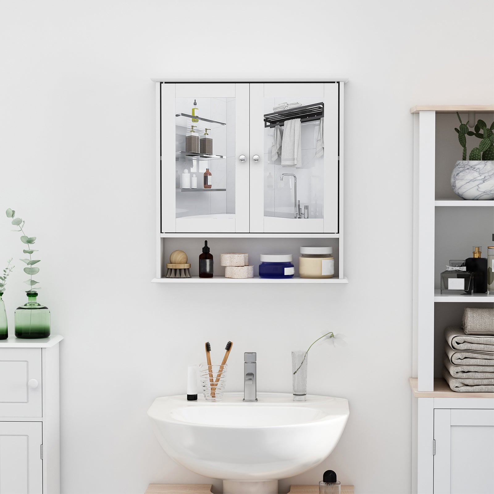 Armoire de salle de bain murale avec miroir, porte, organiseur et étagères de rangement,meuble de salle de bain, blanc - 8