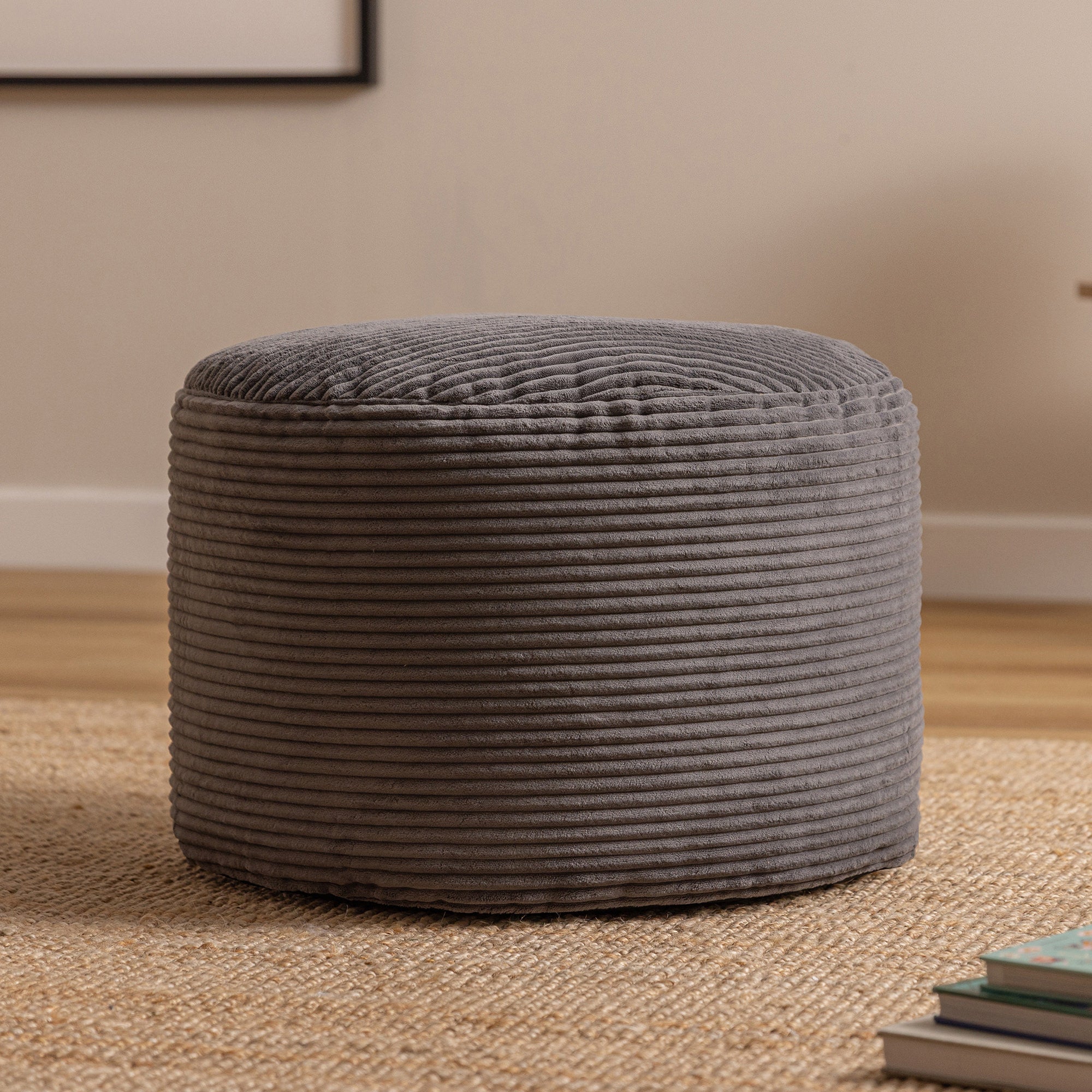 Pouf repose-pied Icon rond, velours côtelé Oeko-Tex® bleu canard, salon, chambre, 55x55cm, Made in Allemagne - 2