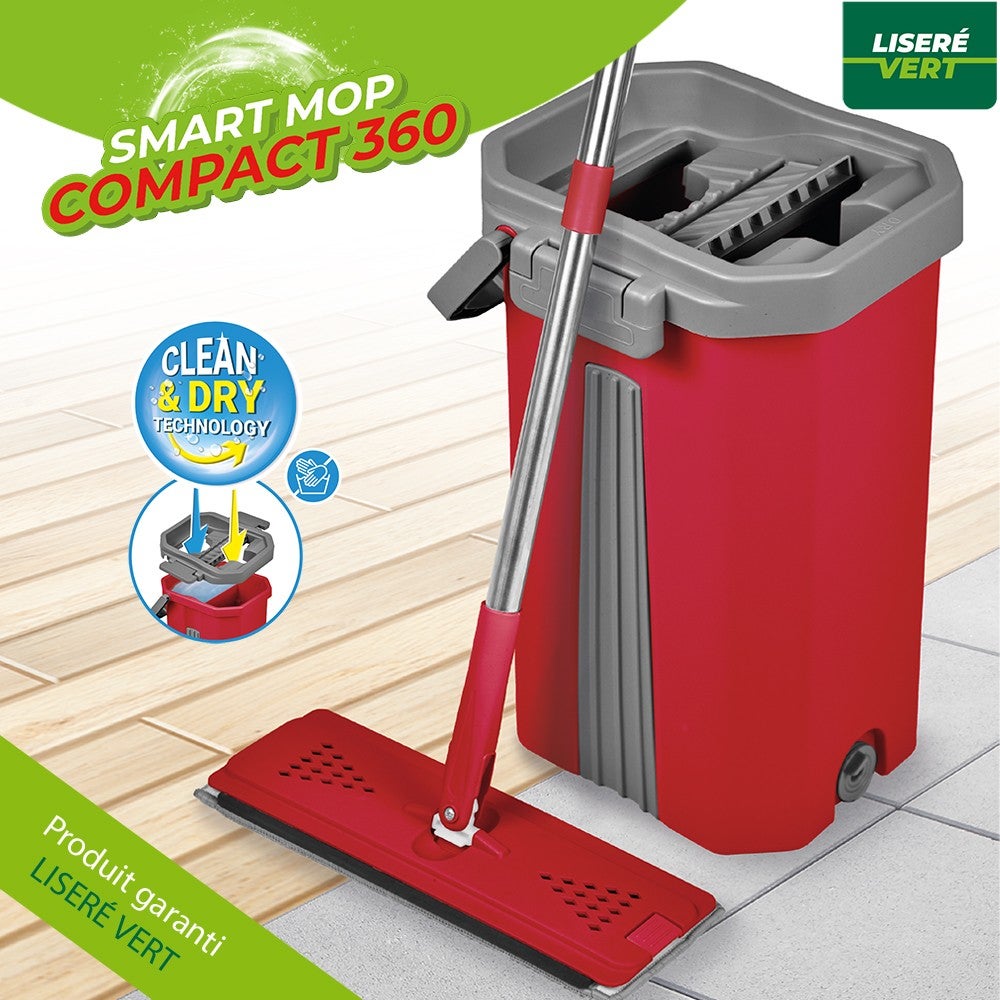 Balai serpillère raclette intégrée & seau essoreur Smart Mop Compact 360° - 2 lingettes incluses - 2