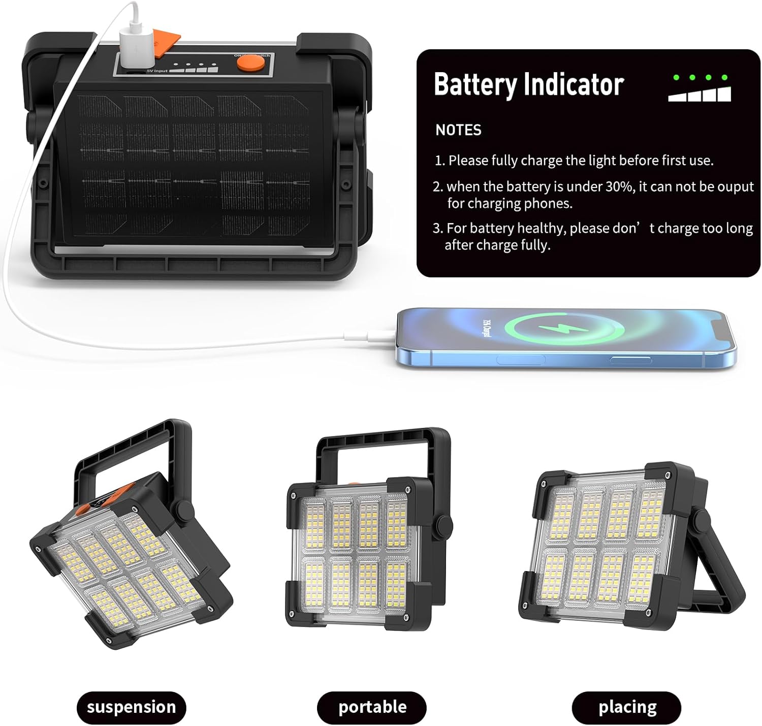 Holofote LED portátil recarregável, luz de trabalho à prova d'água, luz USB de 4 modos com painel solar para camping, garagem, emergência, ofici - 3