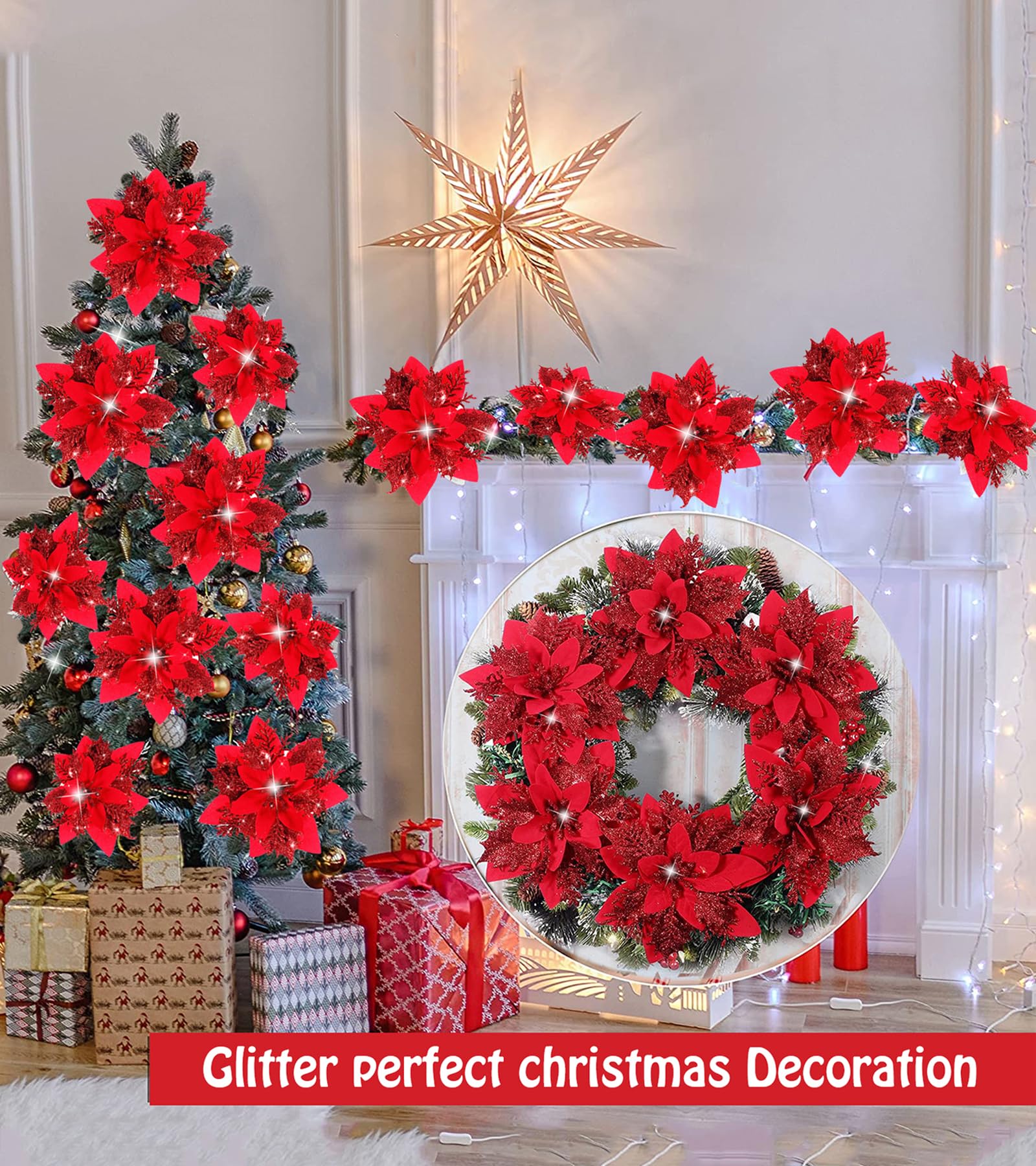 20 pièces fleurs de noël artificielles avec clips, décorations de noël, guirlande d'arbre de noël scintillante pendentifs de fleurs artificielles - 2