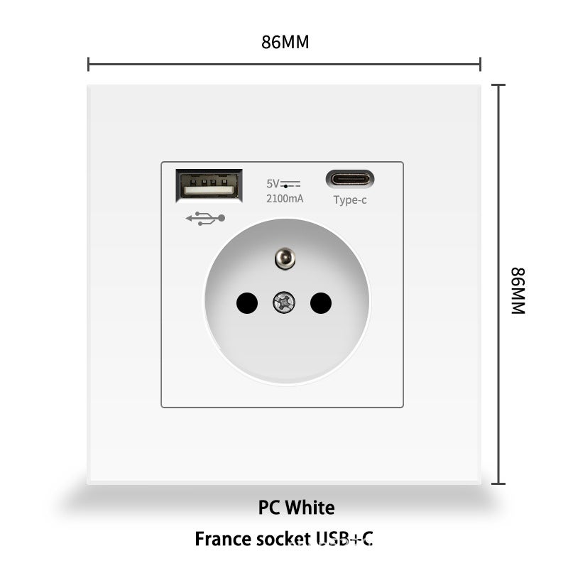 2 prise murale blanche avec USB et Type C, prise de courant en verre, 5v, 2100mA - 2