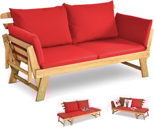3 en 1 Canapé Lit de Jardin Extensible 2 Places Bois Acacia FSC Charge 320 KG-Accoudoirs Réglables/Coussins/Dossier Amovibles Rouge