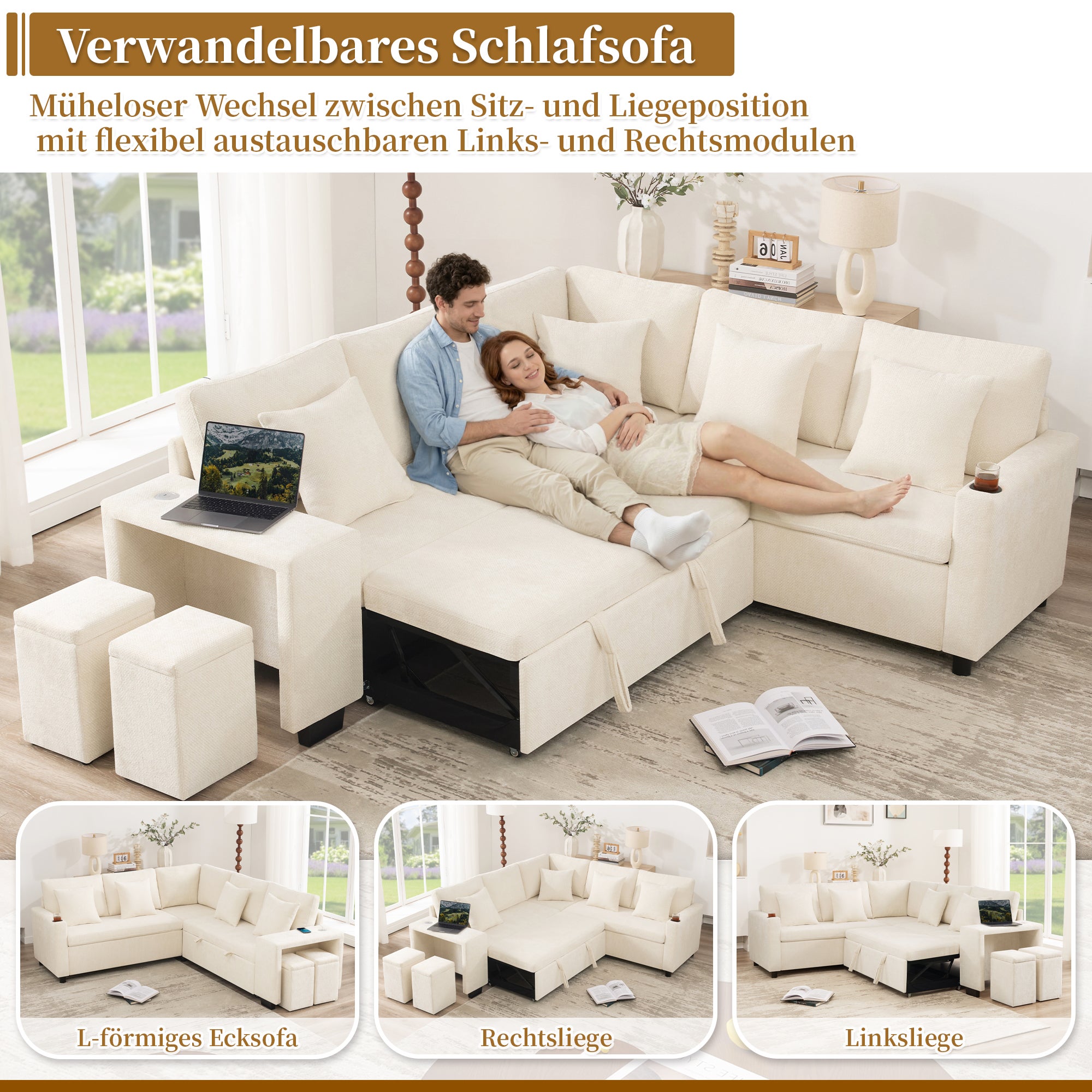 Canapé d'angle modulable 5-7 places avec pouf et rangement - 220 x 205 x 86,5 cm - Chenille - ports USB et USB-C - méridienne réversible - Beige - 9