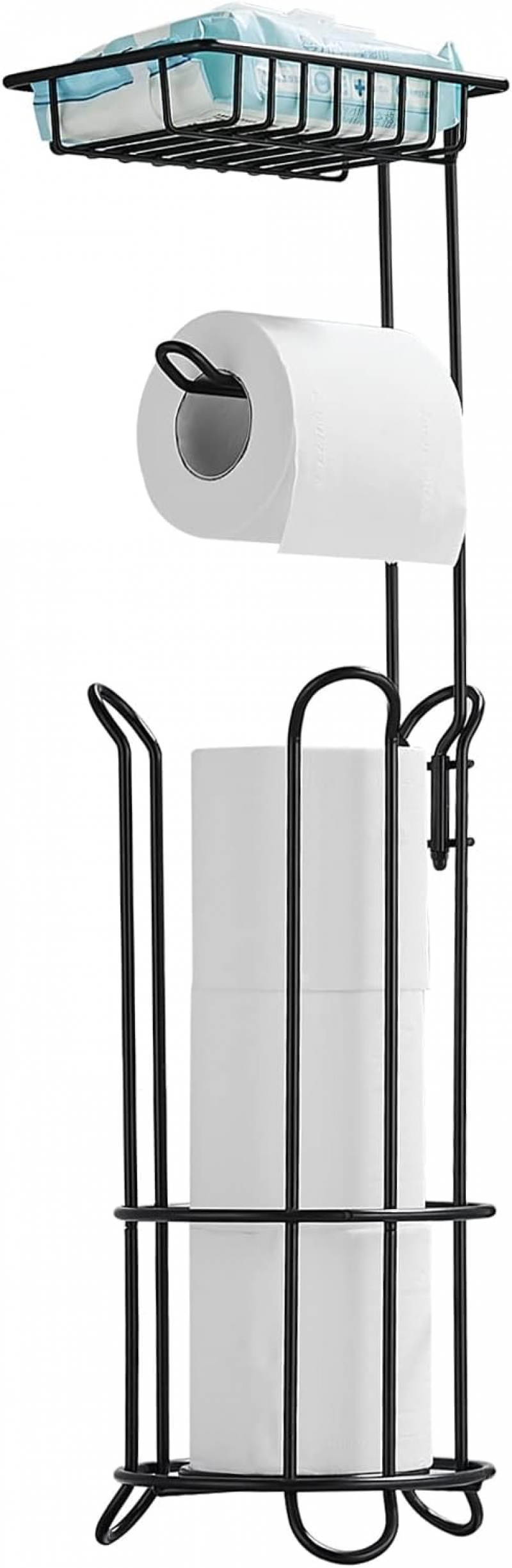 Wolnostojący czarny uchwyt na papier toaletowy z górną półką, uchwyt na ręczniki papierowe z dozownikiem i schowkiem