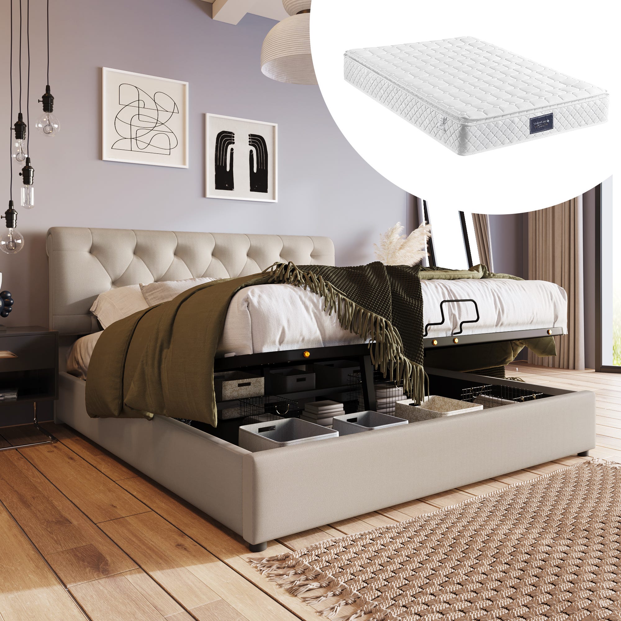 Rete Letto Matrimoniale Novilla 180x200 - Con Doghe In Legno E Spazio Storage | Design Moderno, Nero - Foto 10