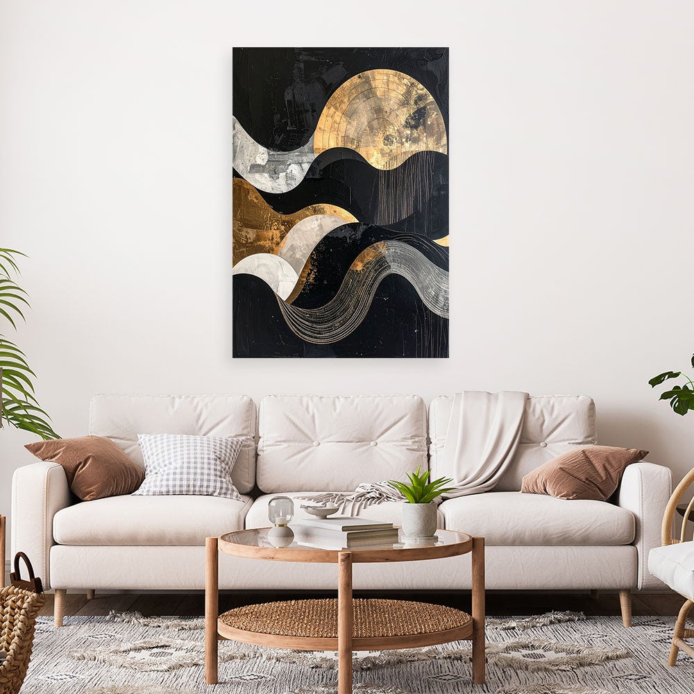 Obraz do salonu sypialni, Abstrakcja geometryczna złoto czarna w stylu glamour z falami 70x100 - 2