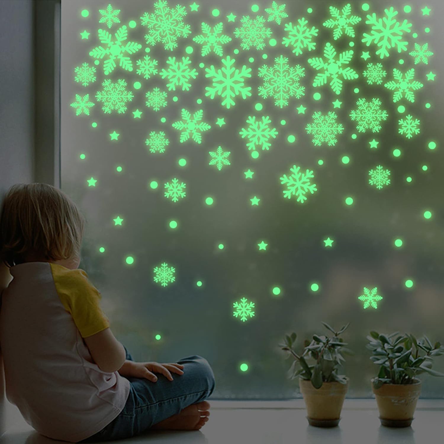 128 sztuk świątecznych naklejek na okna – fluorescencyjne ozdoby świąteczne – świąteczne naklejki na okna w kształcie płatków śniegu – DIY wielokrotne - 3