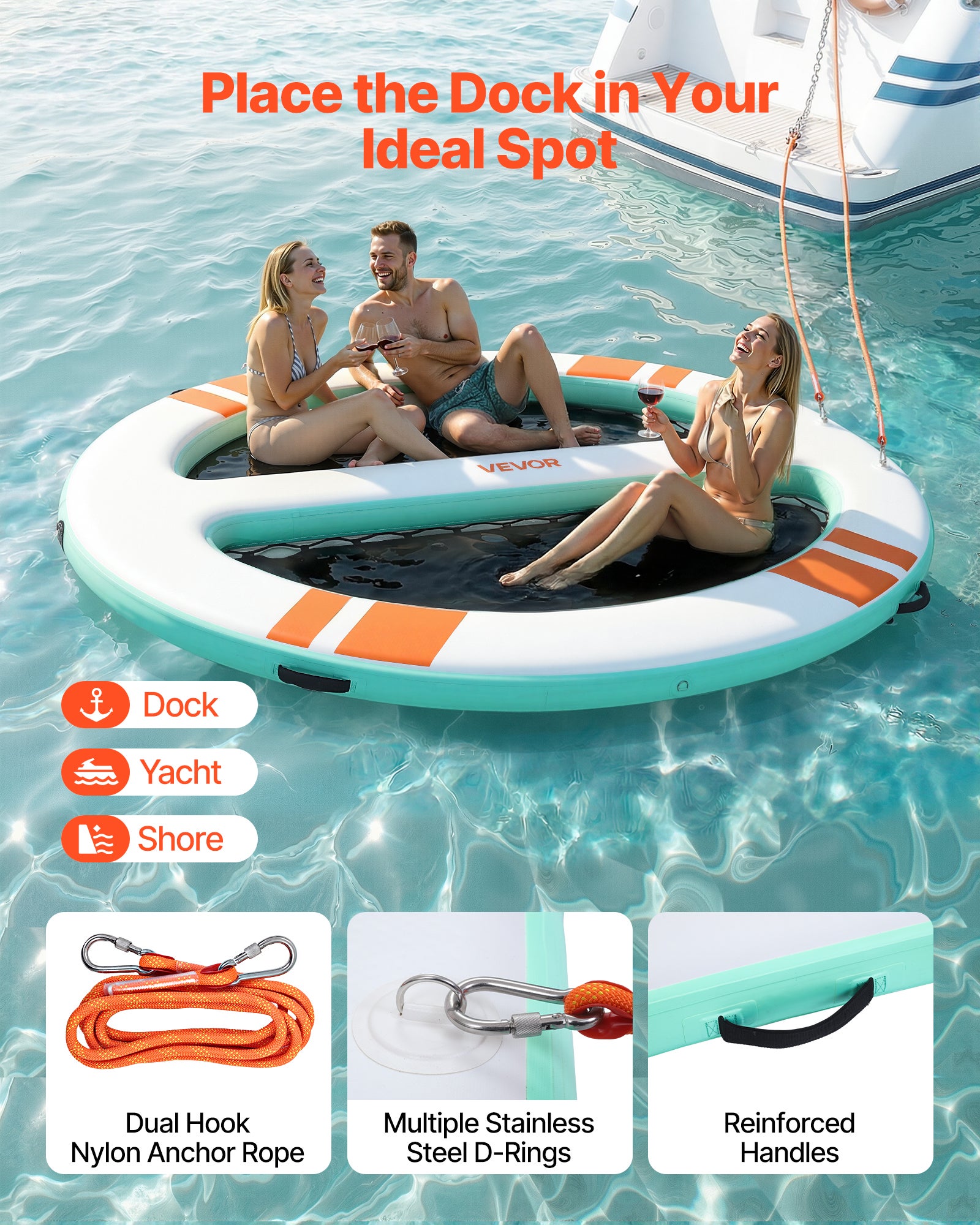 Doca flutuante insuflável VEVOR de 3,05 x 2,44 m. Plataforma flutuante insuflável para piscina, praia, mar, lago, reuniões familiares e passeios - 4