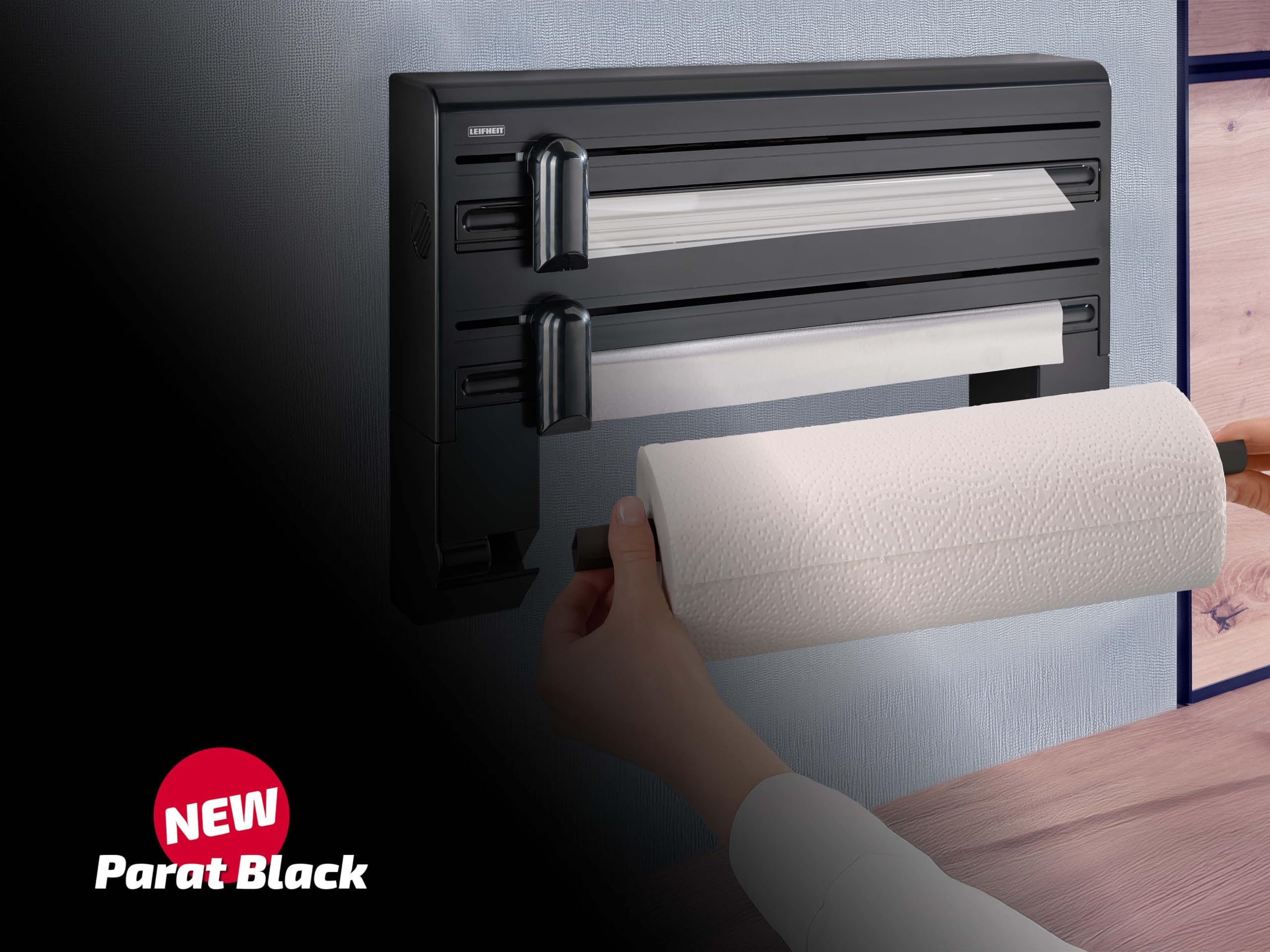 Leifheit dérouleur mural Parat Black 25794, porte-rouleau mural cuisine pour 3 rouleaux avec lames tranchantes, noir - 8