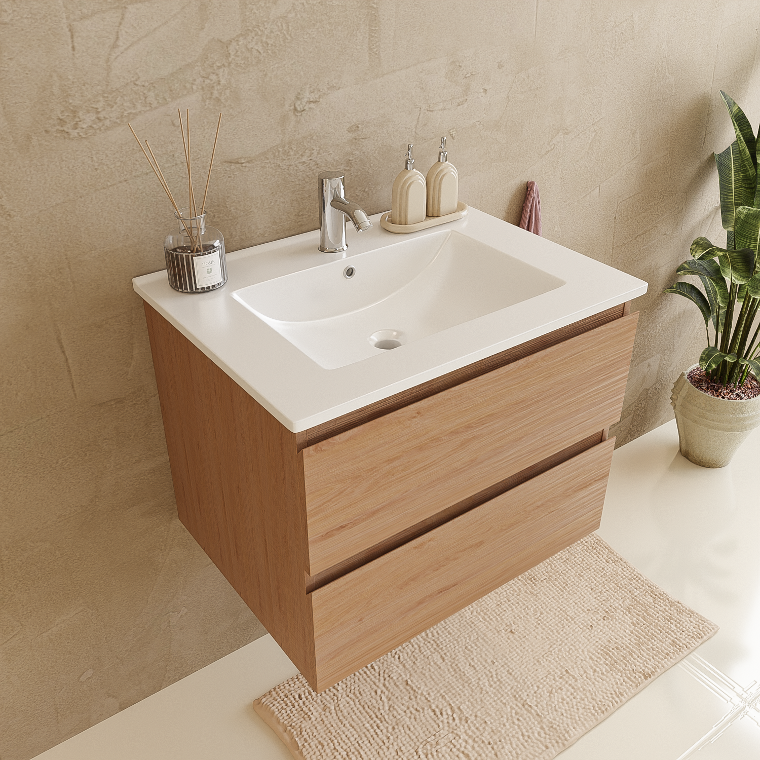 LOMAZOO Meuble De Salle De Bain Marenza Chêne Clair 60cm - Lavabo Blanc - 6