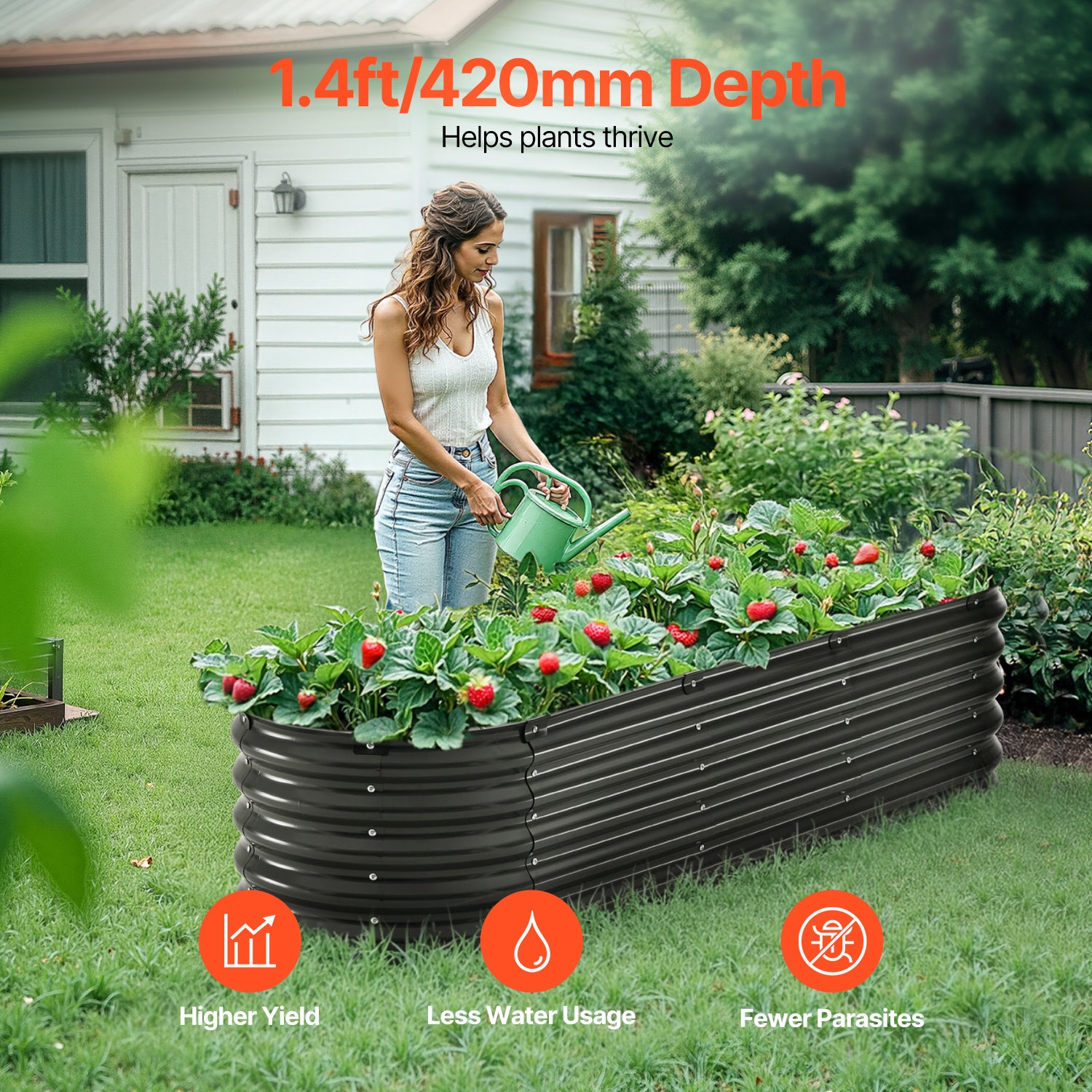 Jardinière surélevée en métal,SucceBuy 6,56 x 1,96 x 1,4 pi,jardinière d'extérieur galvanisée avec base ouverte,grand design ovale pour légumes - 3