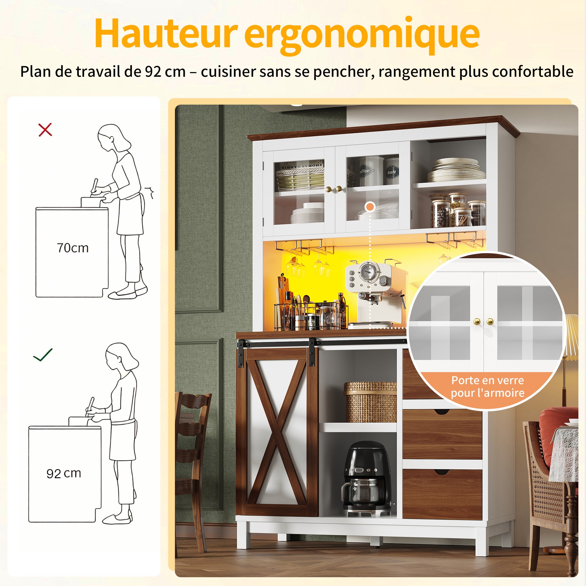 Buffet de cuisine haut avec porte coulissante style grange - Éclairage LED intelligent - 6