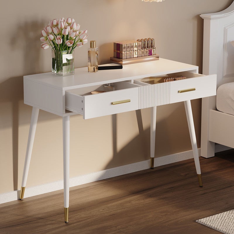 Coiffeuse moderne avec 2 tiroirs,L100×W40×H76cm,Table de maquillage,Pieds de table en métal,Convient pour la chambre,Blanc(sans tabouret) - 2