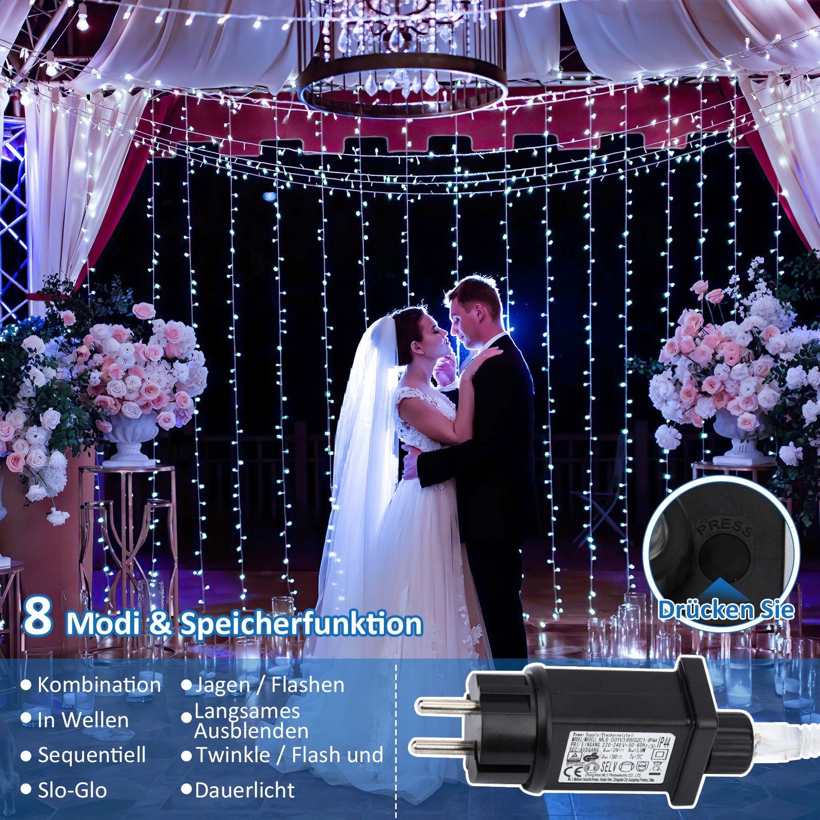 10M 100LED 8-mode IP44 festone luce di Natale all'aperto decorazione giardino interno per Natale compleanno matrimonio soggiorno bianco freddo - 5