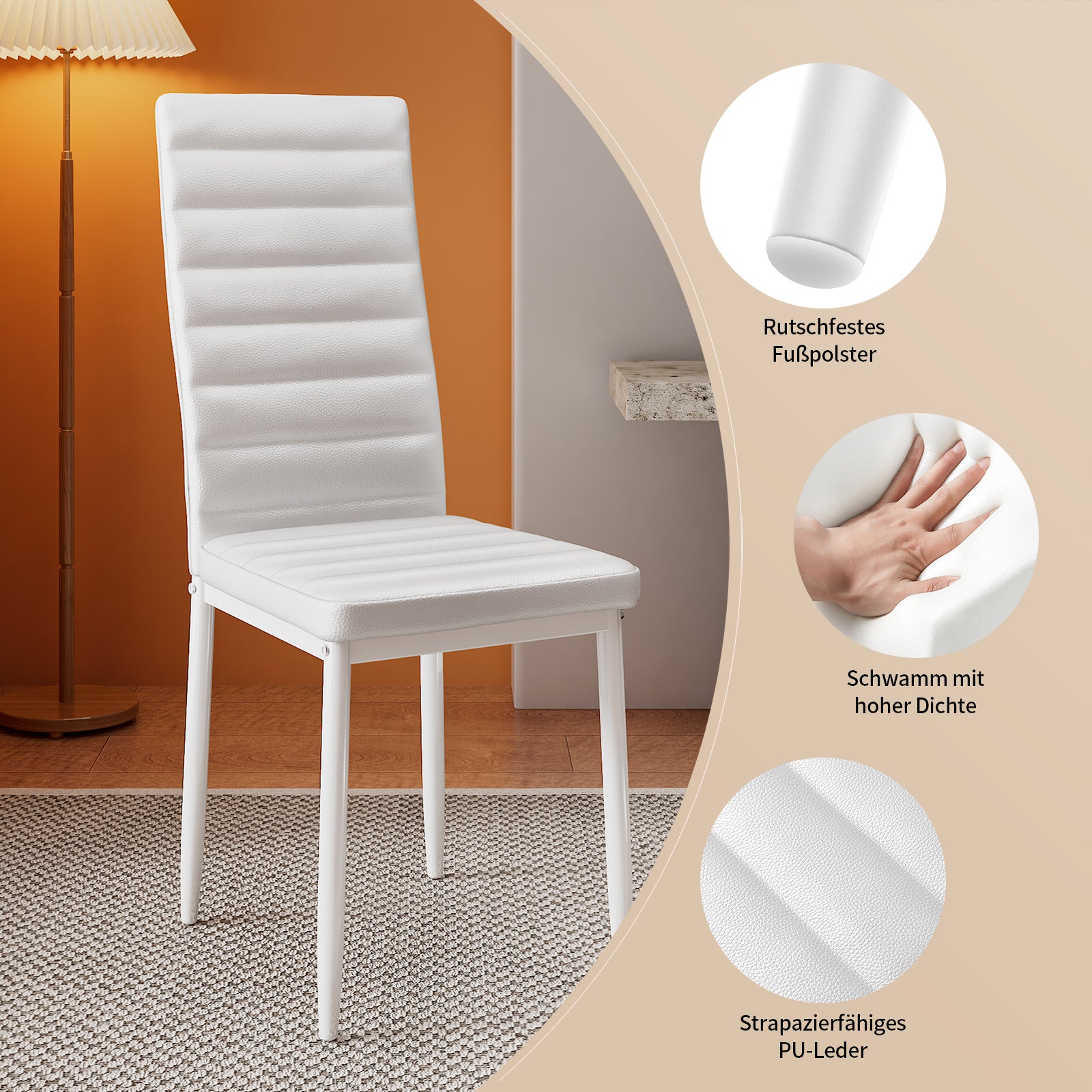 Set di 4 Sedie da Pranzo Moderne con Rivestimento in Pelle PU, Struttura Metallo e Piedini con Gomma Antiscivolo - Bianco per Interni Bealife - 4