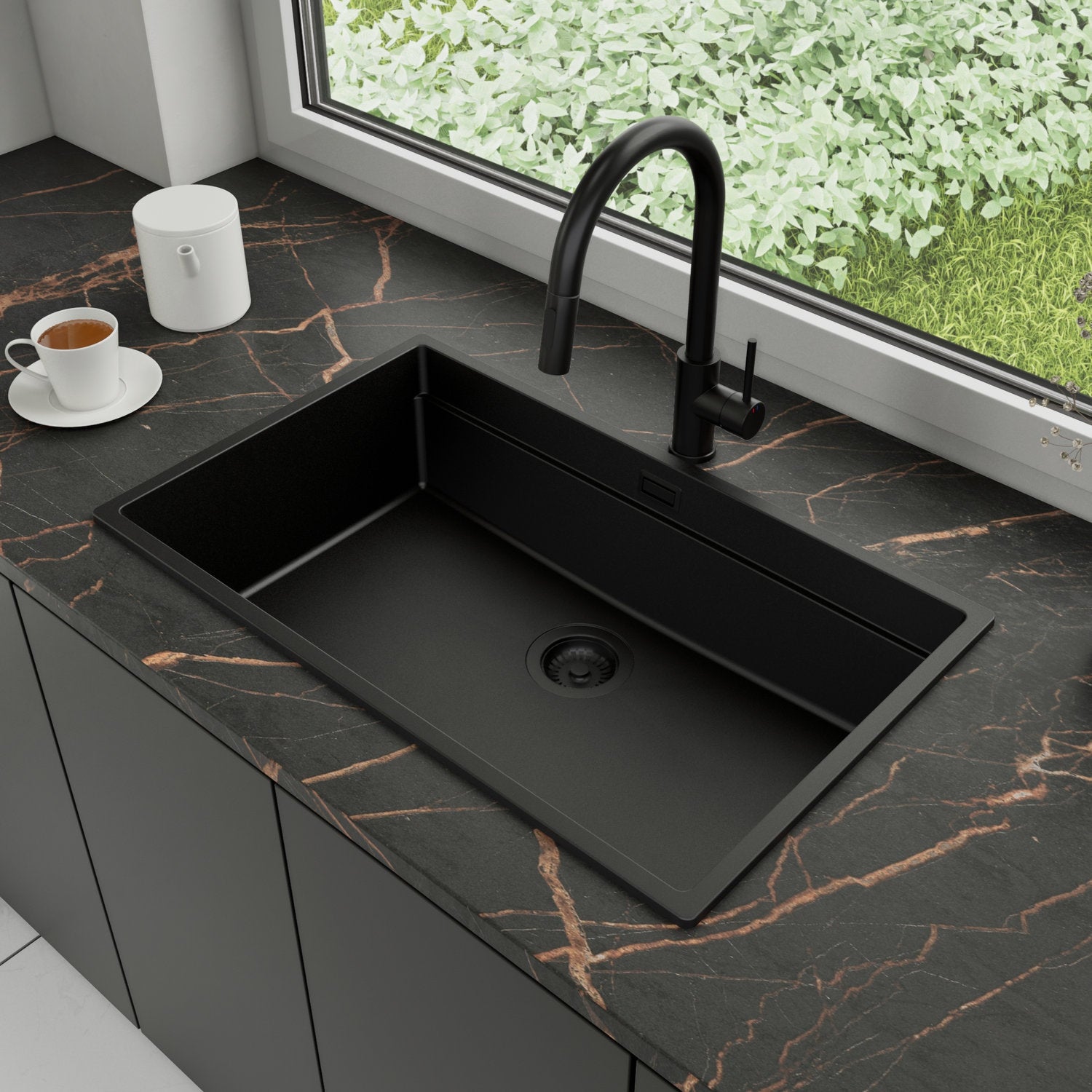 Zlewozmywak Granitowy 76x47cm, do szafki od 80cm + Bateria + Syfon - Coral Cały Czarny STONESTYLE