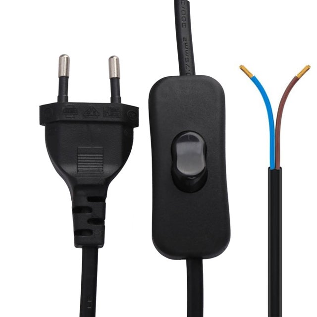 Cabo de alimentação com interruptor, enchufe europeu 130 cm, 220V, preto, adequado para enchufes, fontes e portalâmpadas