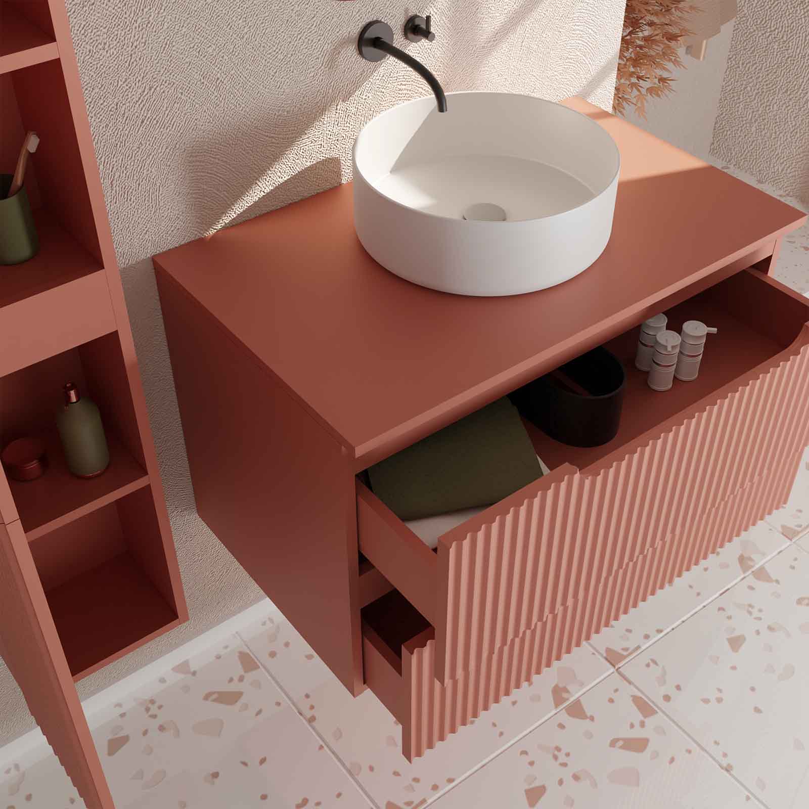 Meuble et colonne de Salle de Bains LEON 80cm Terracotta - Façades Ondulées - Vasque Ronde 36cm - 2